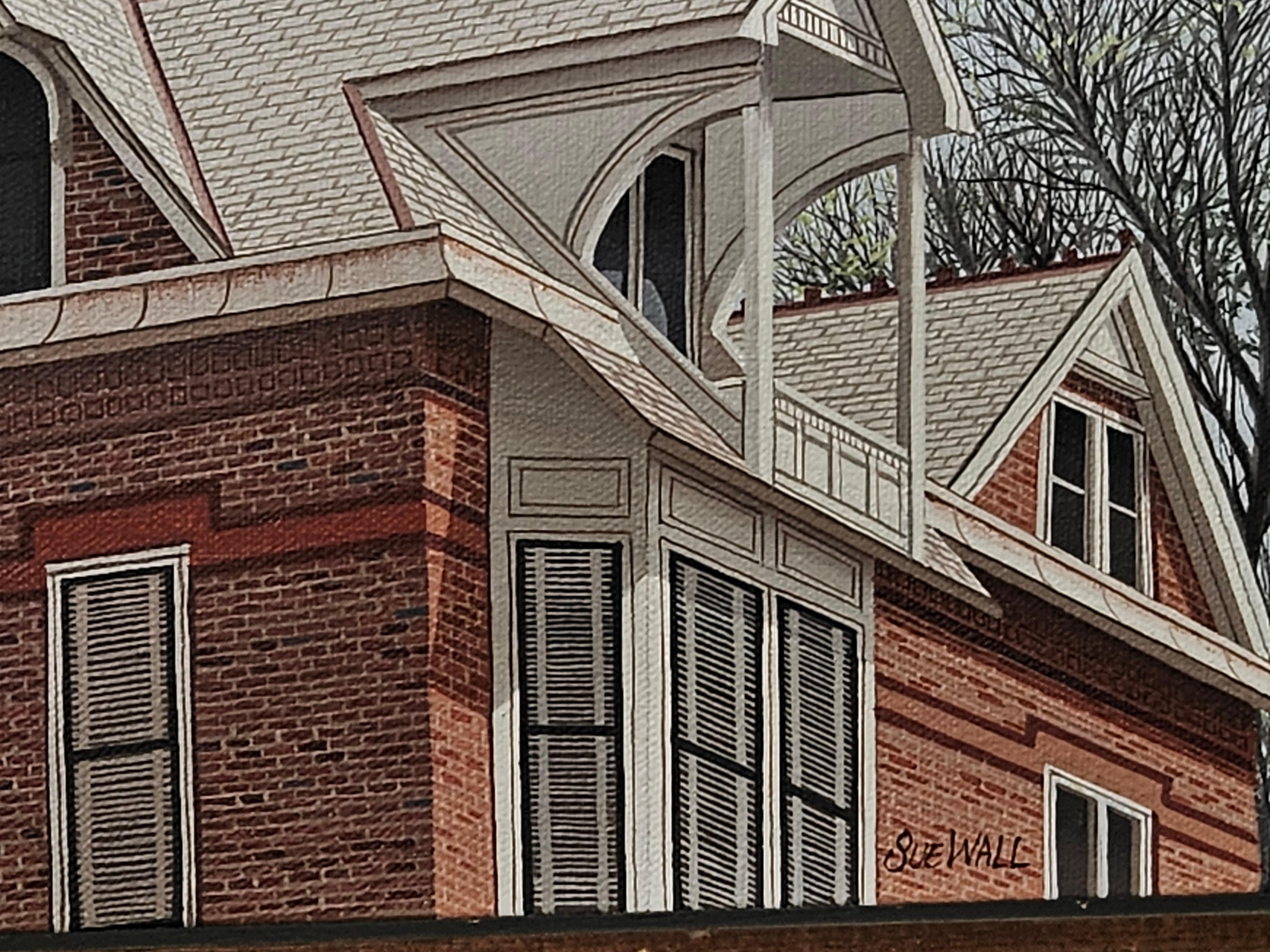 Photo realist acrylic painting on canvas, architectural scene of Victorian Brick House, signed Sue Wall (Sue Wall b. 1950 NY, noted for architectural paintings.
 
