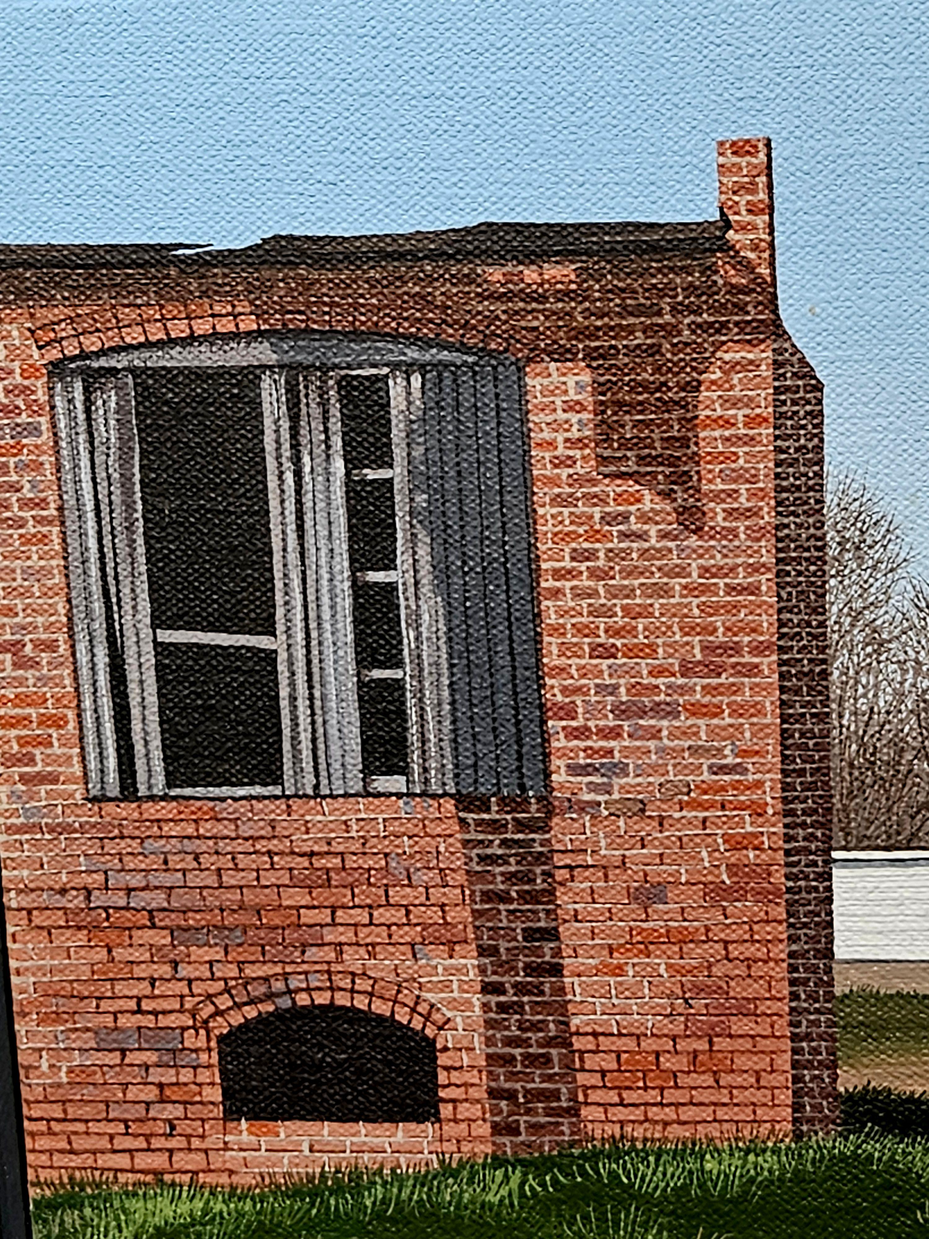 Photo realist acrylic painting on canvas, architectural scene of Victorian Brick House, signed Sue Wall (Sue Wall b. 1950 NY, noted for architectural paintings.
 
