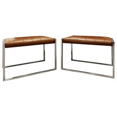 Architectural Pair Of Benches In Chrome with Stitched Leather Seats 1970s