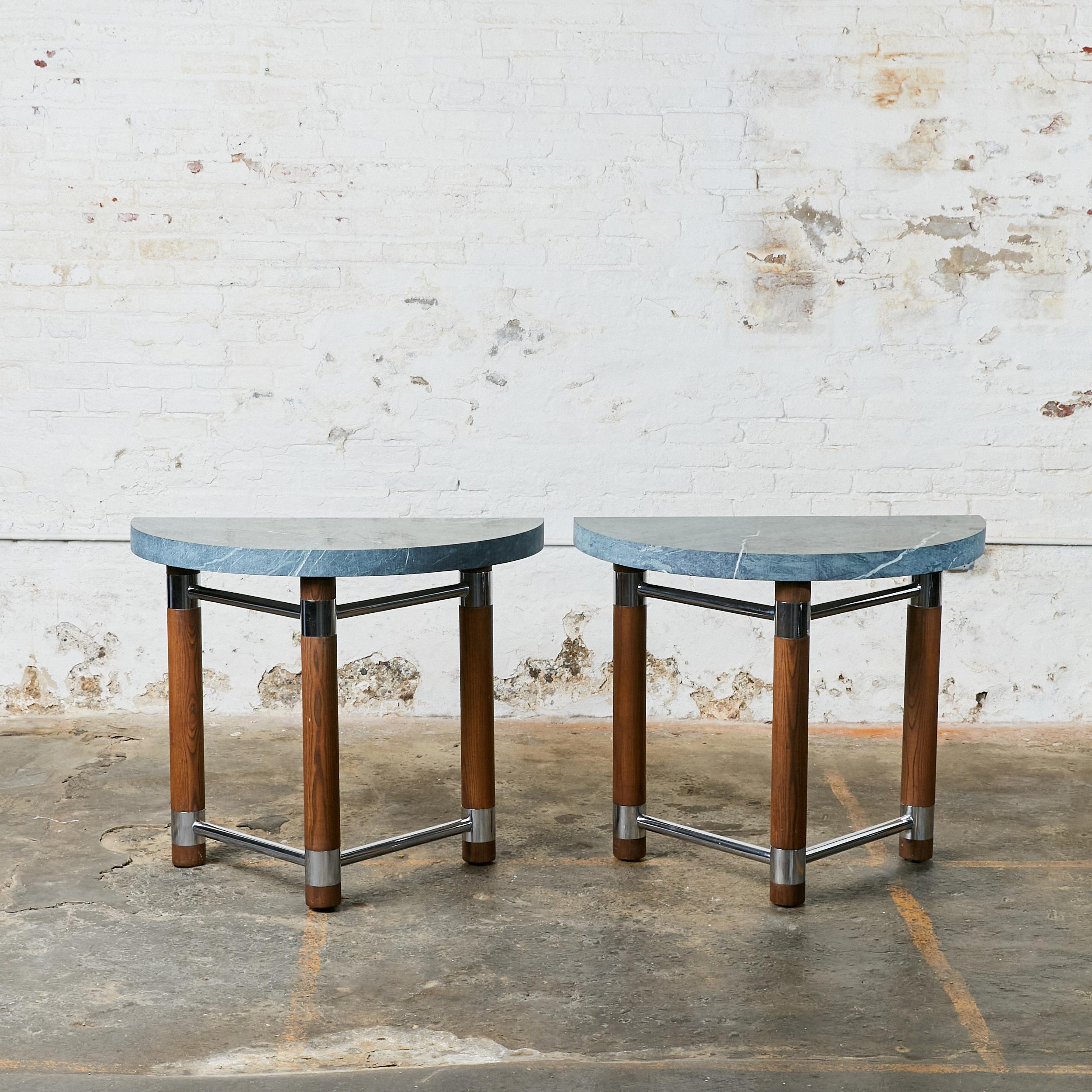 Set of two architectural 1970s Italian oak and marble console tables. Wonderful 2.5