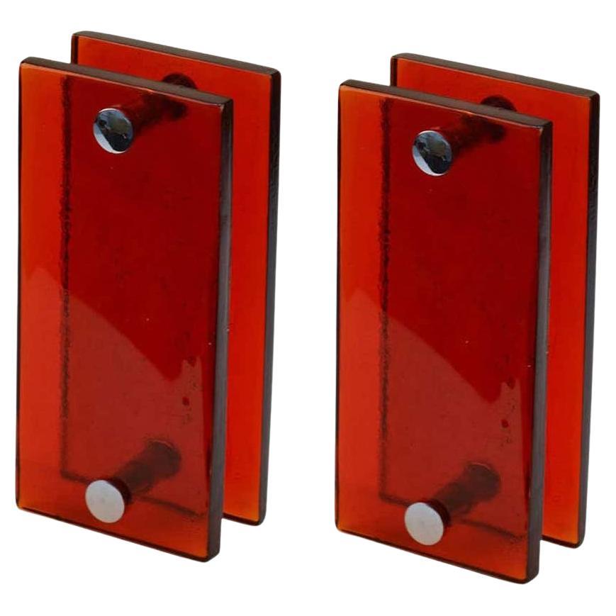 Architectural Pair of Large Push Pull Double Door Handles in Red Glass For Sale