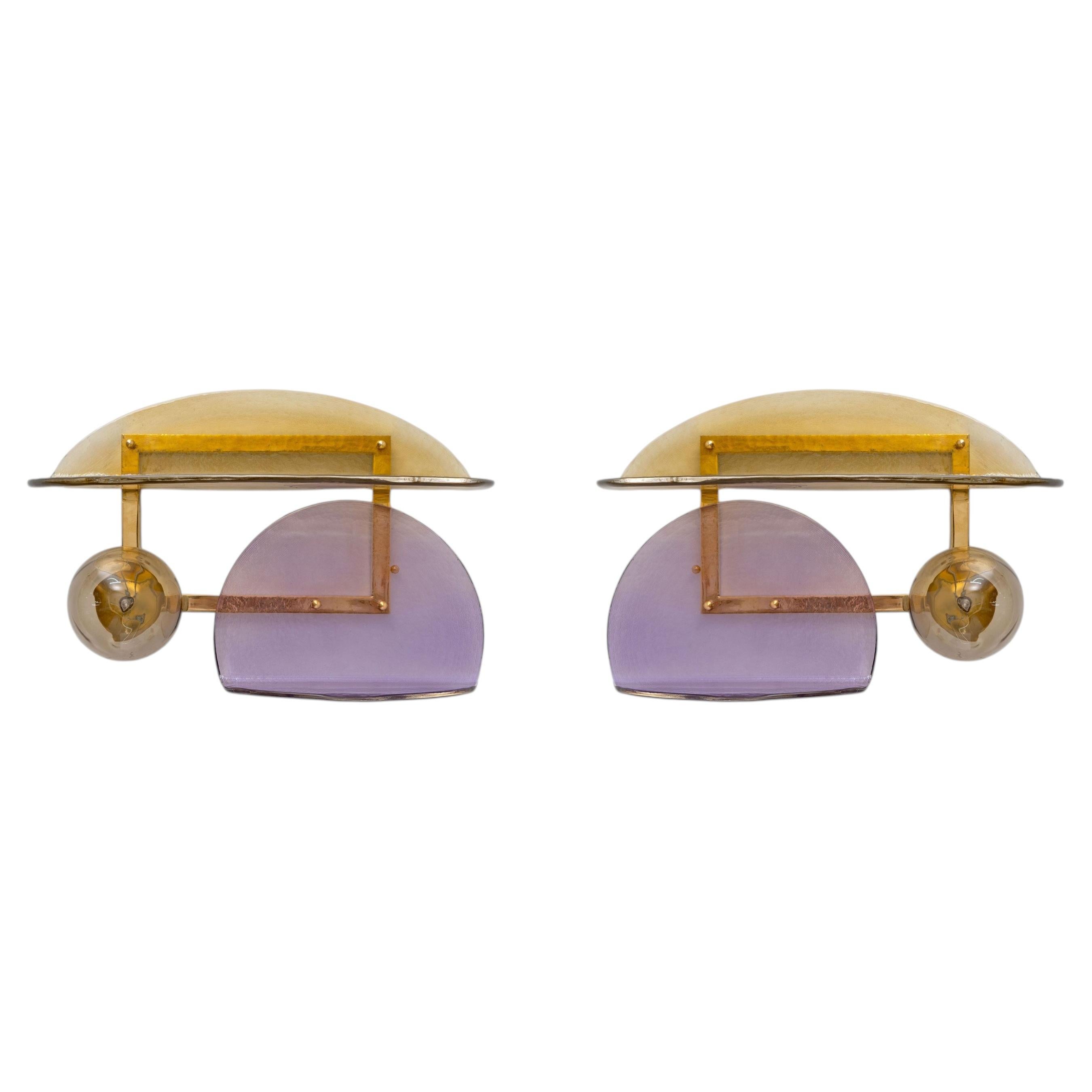 Architectural Pair of Sculptural Murano Glass and Brass Wall Sconces, Italy