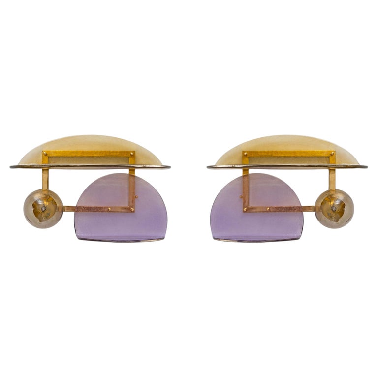 Architectural Pair of Sculptural Murano Glass and Brass Wall Sconces, Italy