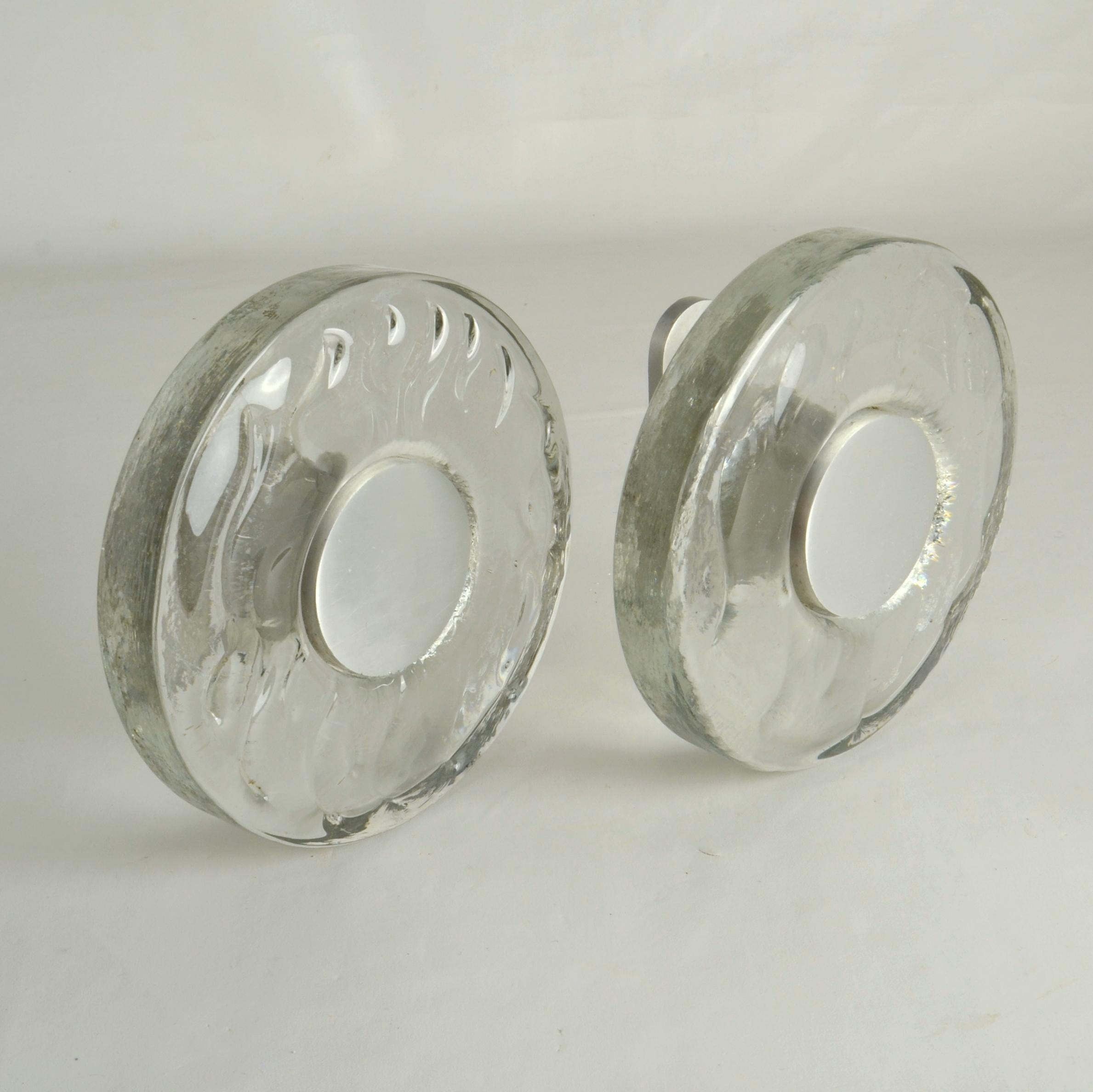 Mid-20th Century Large Clear Glass Door Handles Pair, Round Push & Pull For Sale