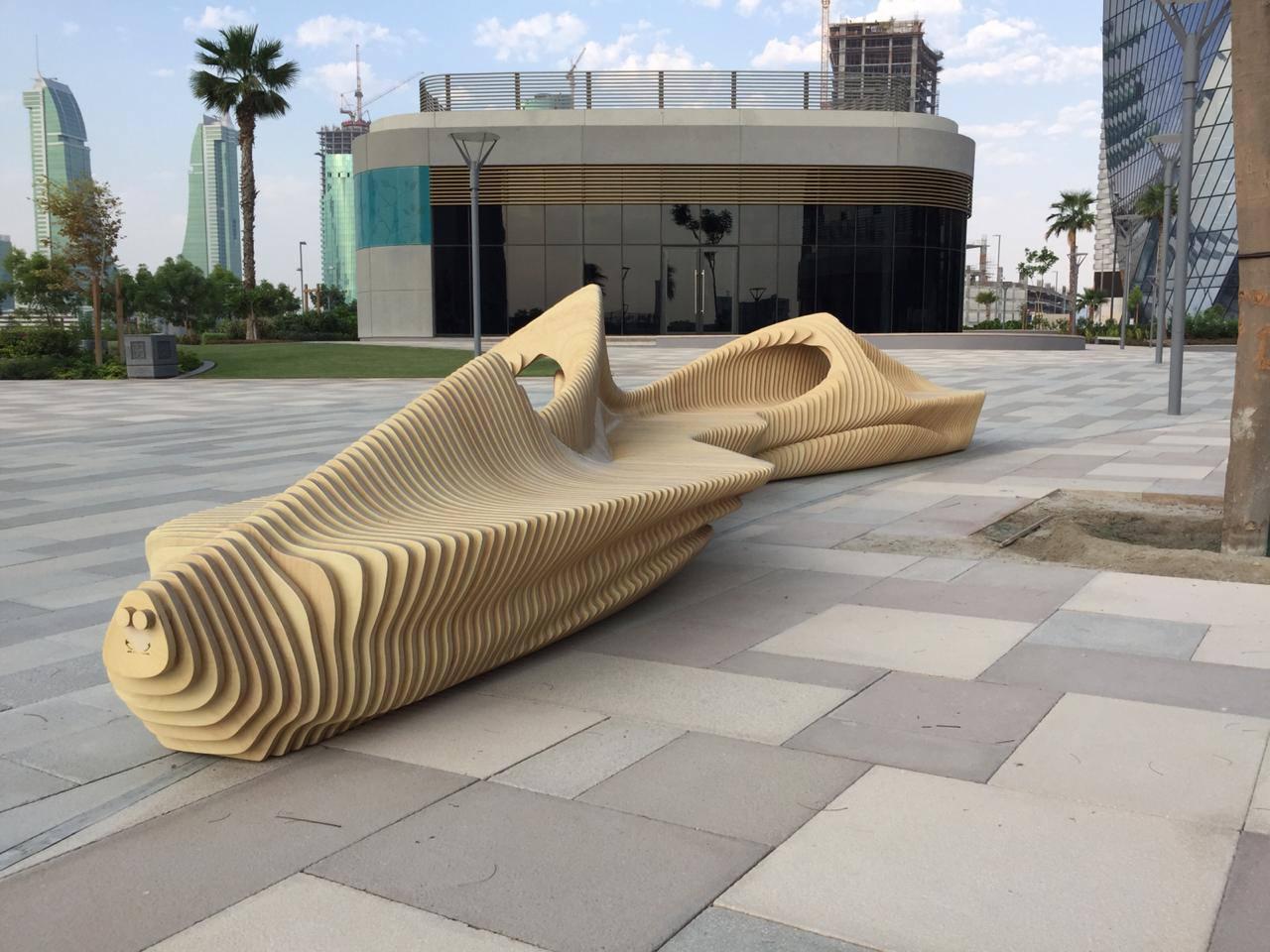 Hand-Crafted Architectural Parametric Bench CNC-Cut Sculptural Seating in Plywood For Sale