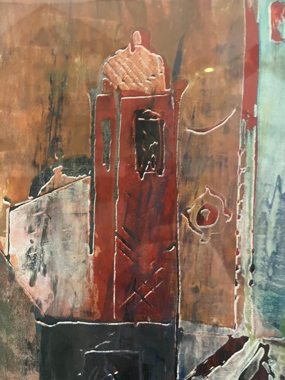 Pastel architectural sur papier dans un cadre en bois lavé bleu
Signé en bas à gauche
