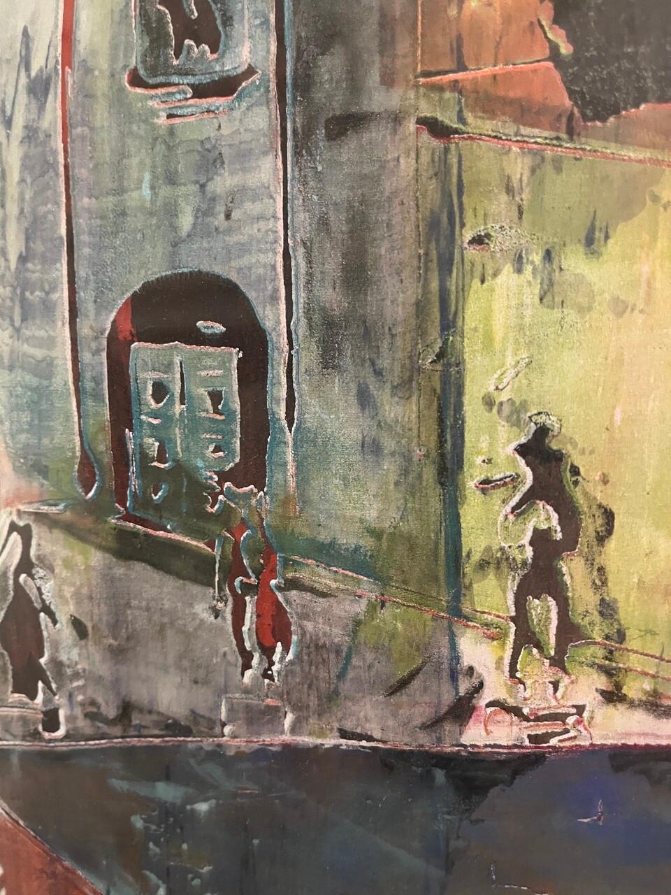 Pastel architectural sur papier dans un cadre en bois lavé bleu Bon état - En vente à Houston, TX
