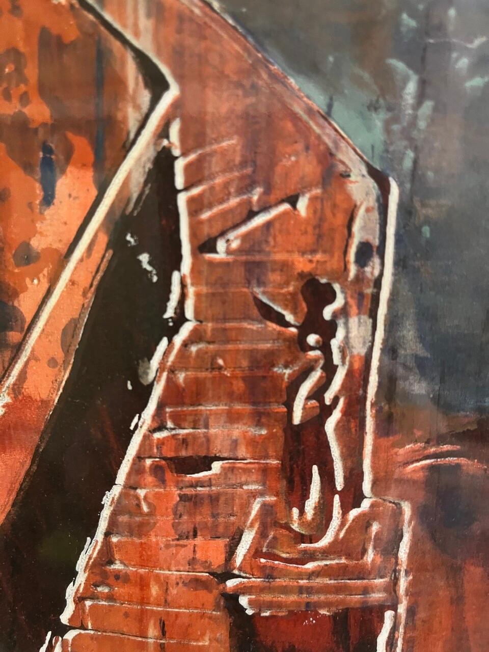 XXIe siècle et contemporain Pastel architectural sur papier dans un cadre en bois lavé bleu en vente