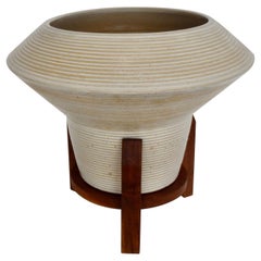 Zanesville Stoneage Modern Homespun line Planter Pot in Walnut Base 