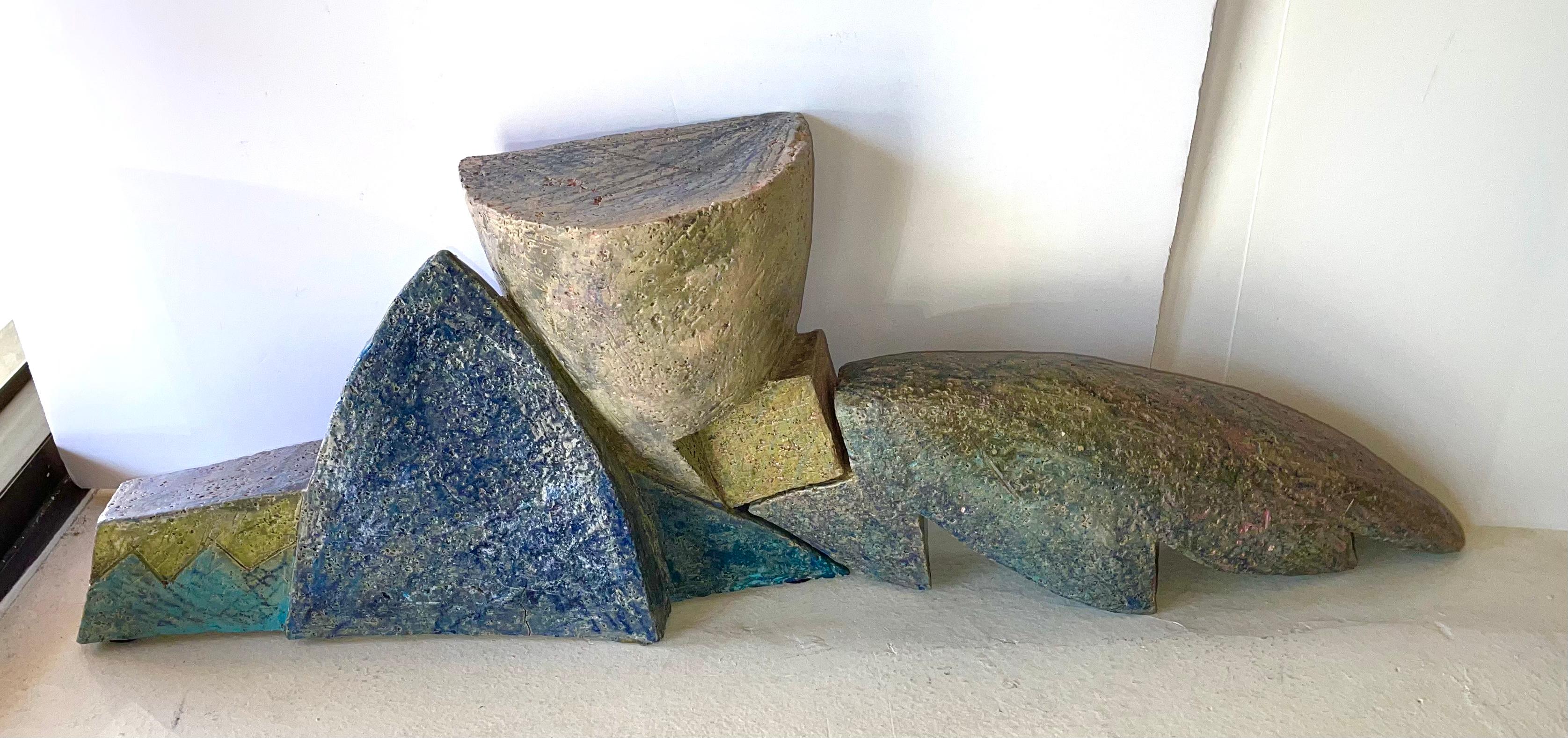Nicely done two part architectural pottery sculpture. Great colors. Not signed. It is configurable, although we like it as pictured. In good vintage condition, with some minor glaze flaws and minor imperfections.