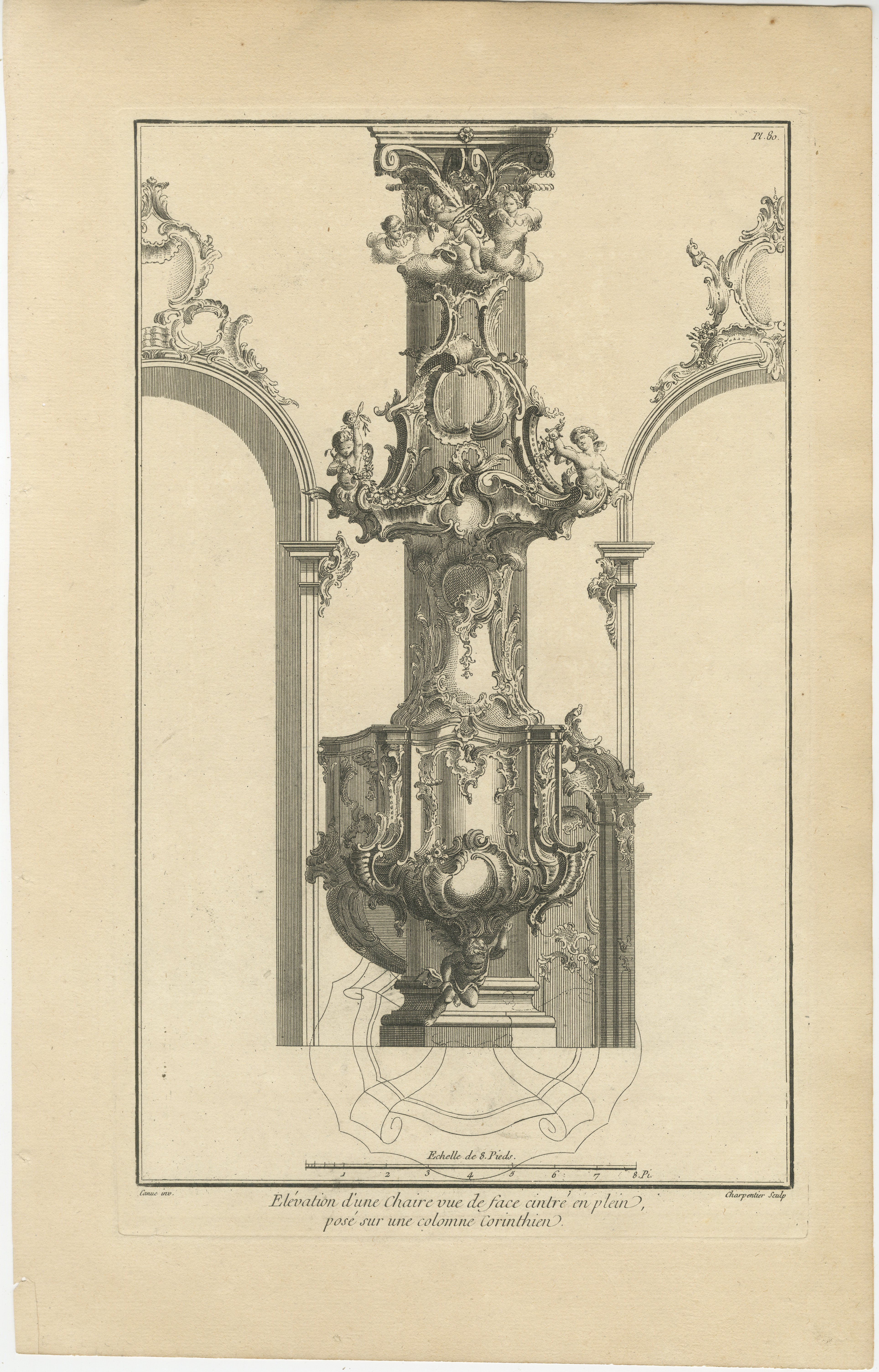 This is an original antique architectural design for a rococo pulpit dating approximately between 1740 and 1760. 

The artist responsible for this design is Franz Xaver Habermann, and it was published by Johann Georg Hertel I in Augsburg. The design