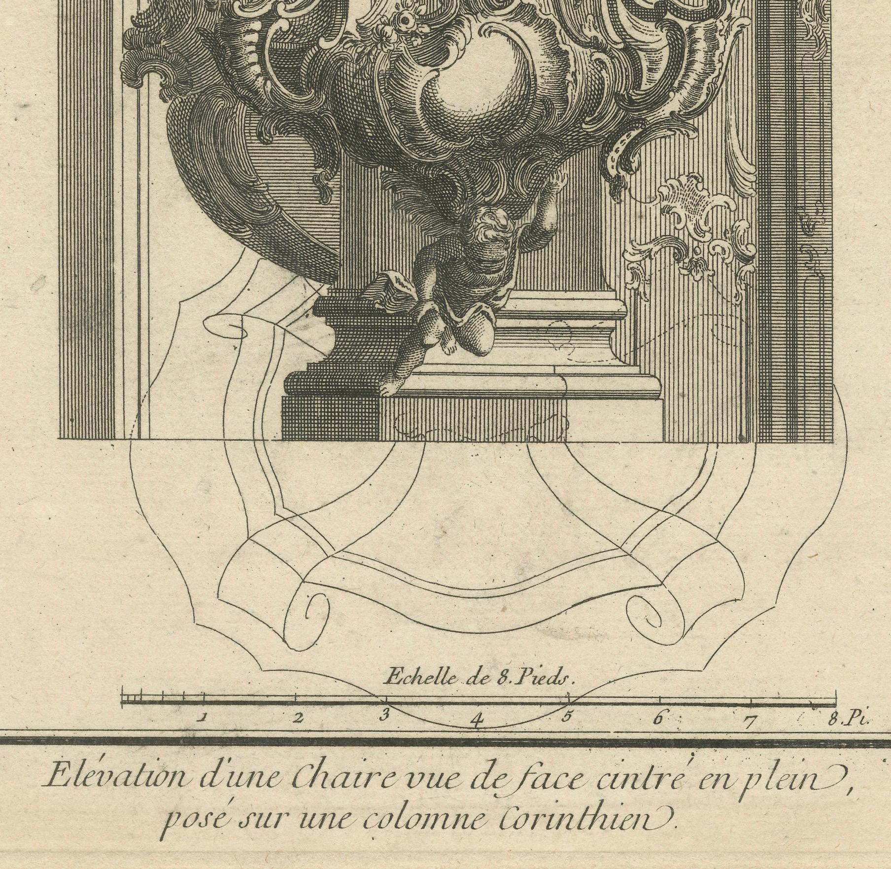 Engraved Architectural Print of a Rococo Pulpit Elevation on a Corinthian Column, ca.1740 For Sale