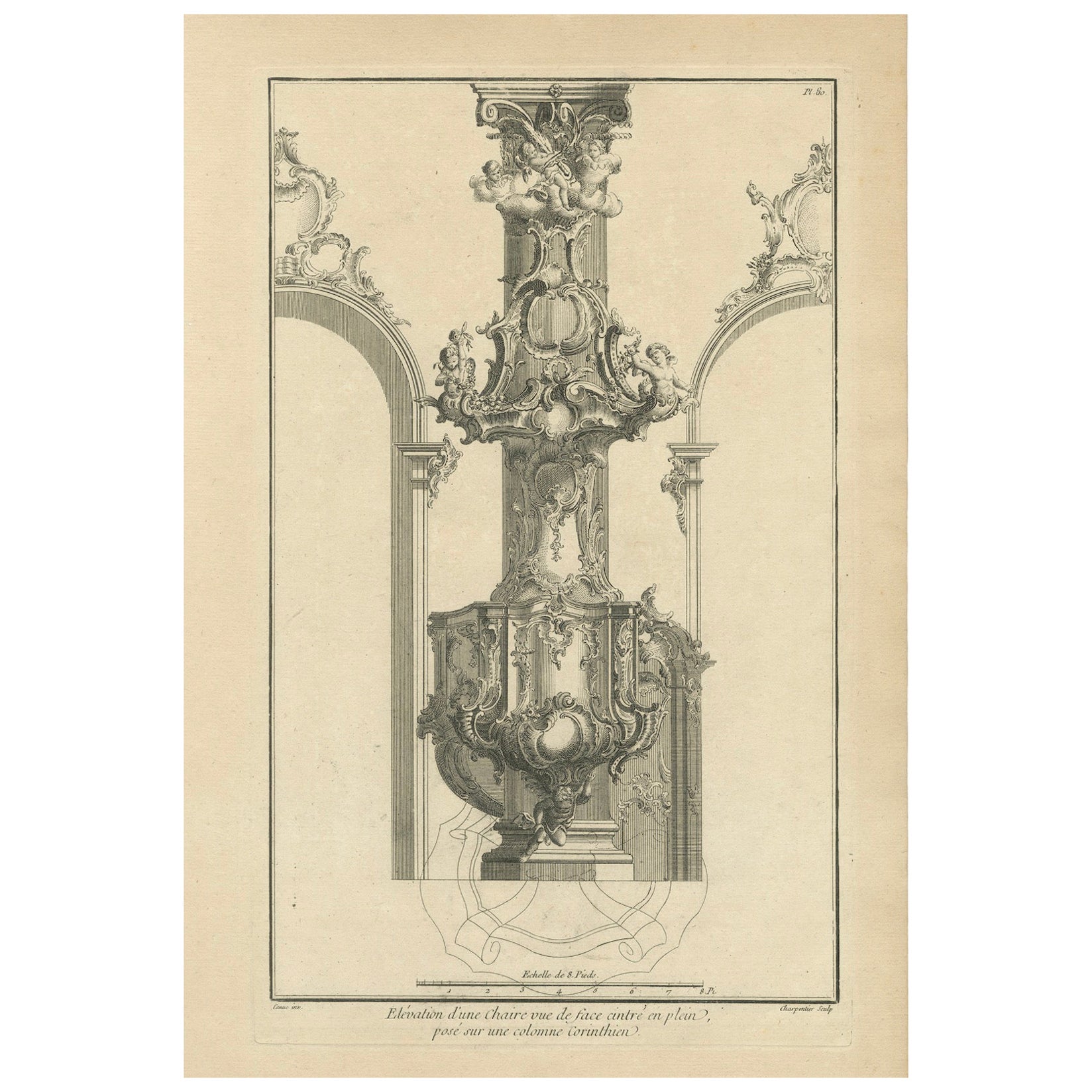 Architektonischer Druck einer Pulpit-Eisenbahn im Rokokostil auf einer korinthischen Säule, um 1740 im Angebot