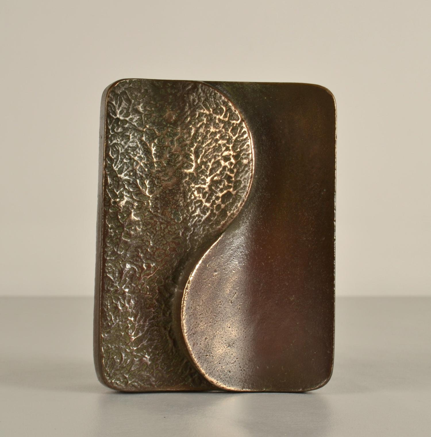 Einzelner Türgriff mit geschwungenem Ying- und Yang-Relief, das Teil des  texturiert. Gegossenes Bronzerelief in perfektem Zustand. Die Bronze hat aufgrund der strukturierten Oberfläche und ihres Alters (ca. 1970) eine starke Patina. 
Sie verleiht