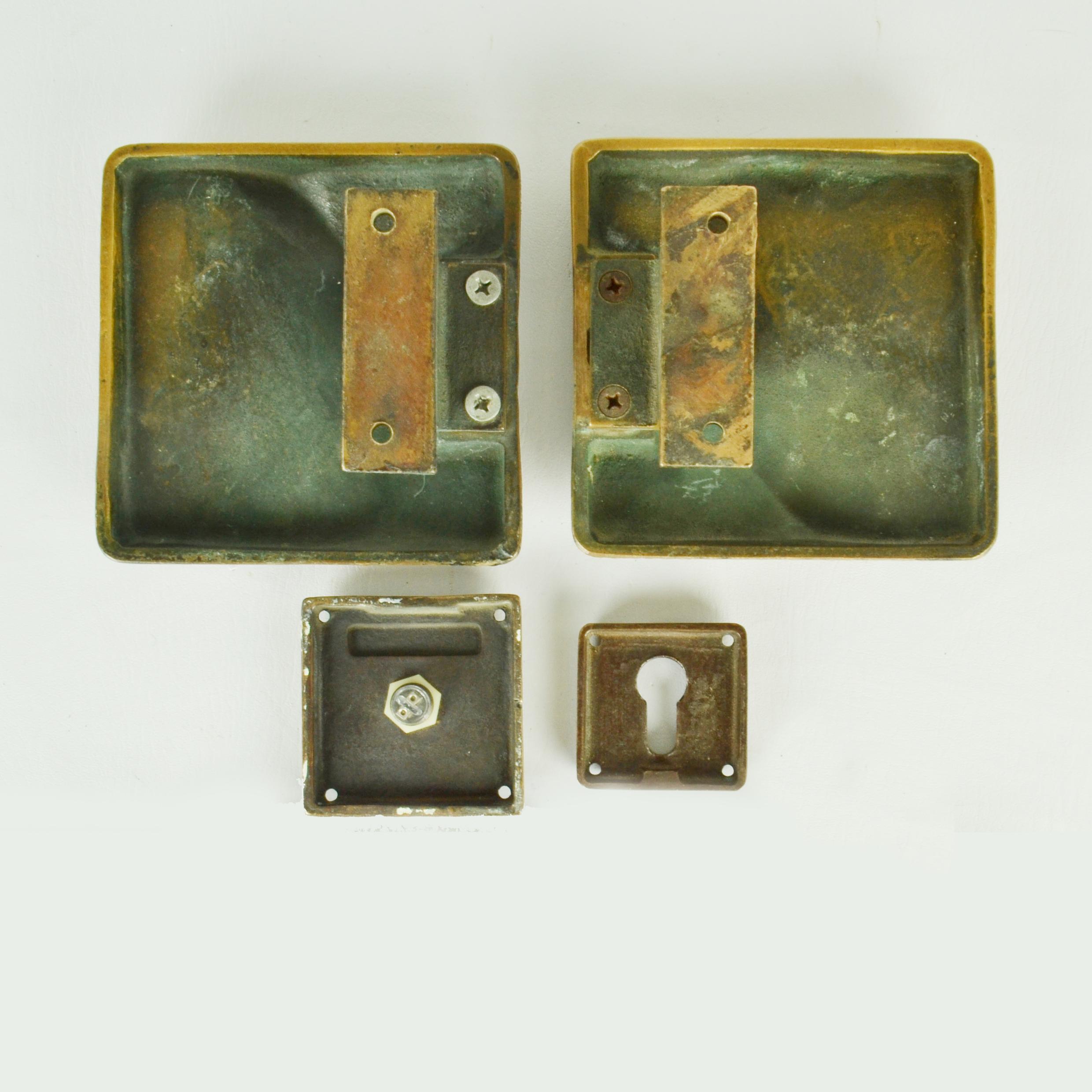 Architectural Push Pull Square Bronze Door Handle Pair with Keyhole cover & Bell For Sale 1