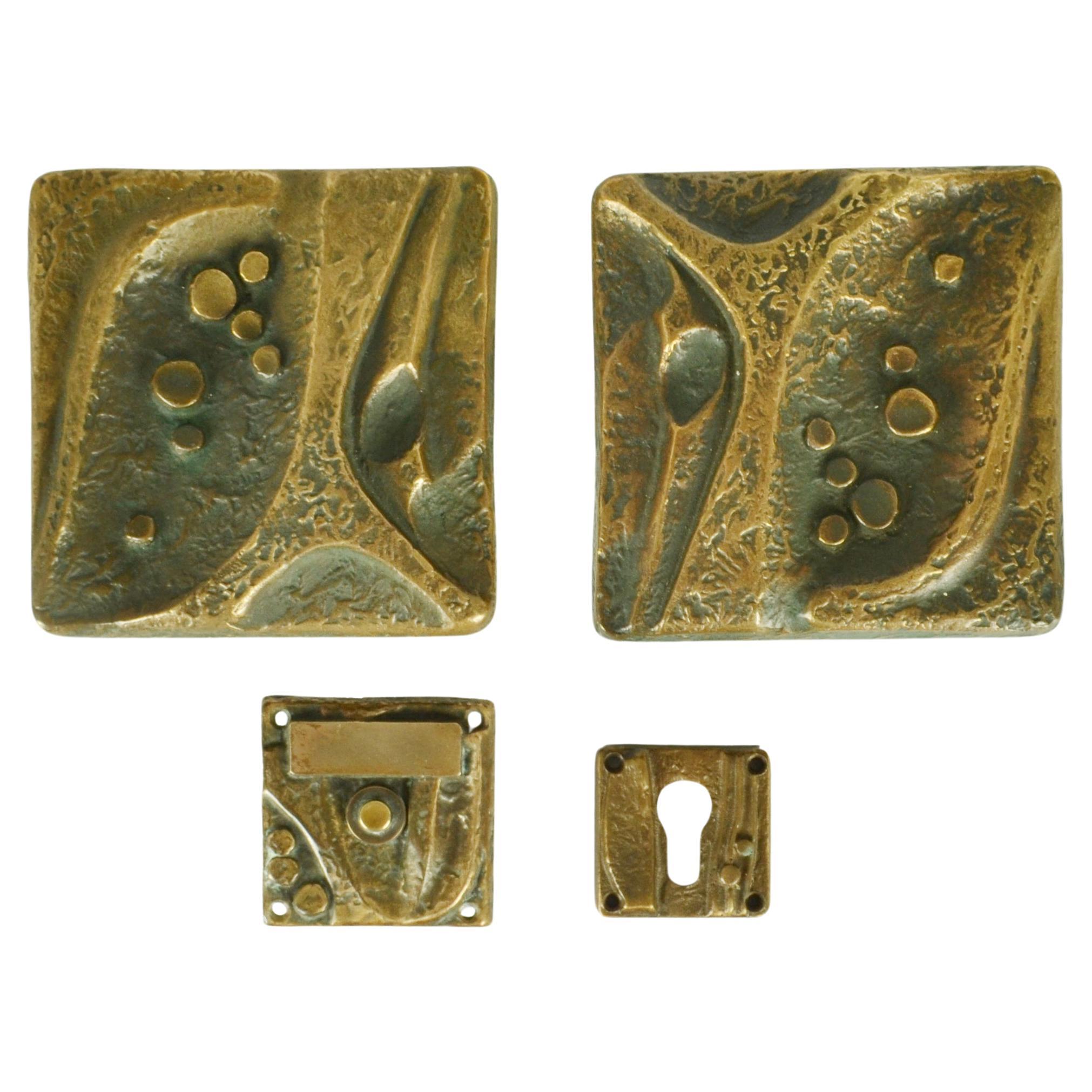 Architectural Push Pull Square Bronze Door Handle Pair with Keyhole cover & Bell For Sale