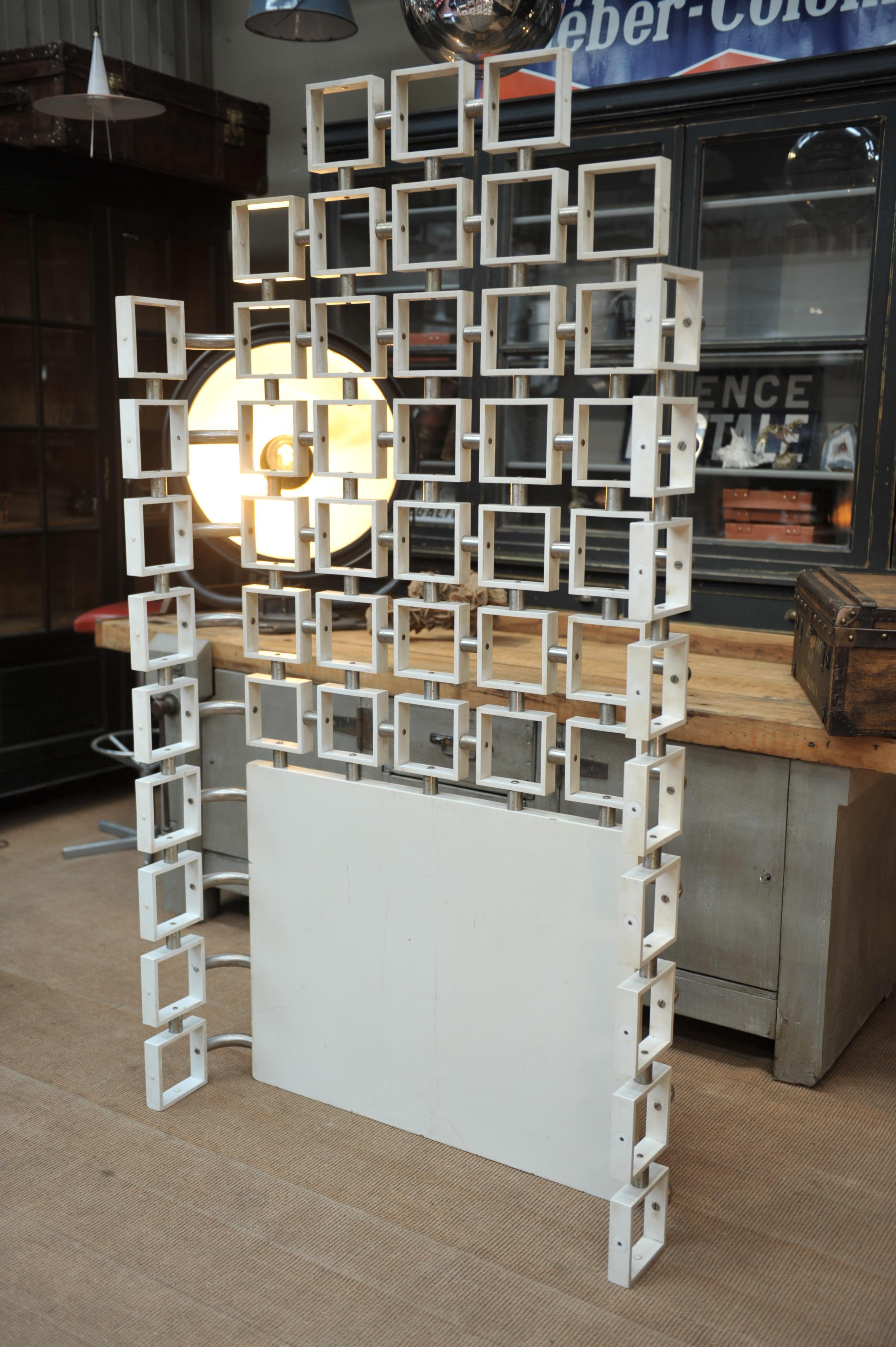 Rare decorative architectural restaurant or hotel gate section in white lacquered metal removable square sections joined by tubular metal piece, each square can be moved and put where you want.France, circa 1970.