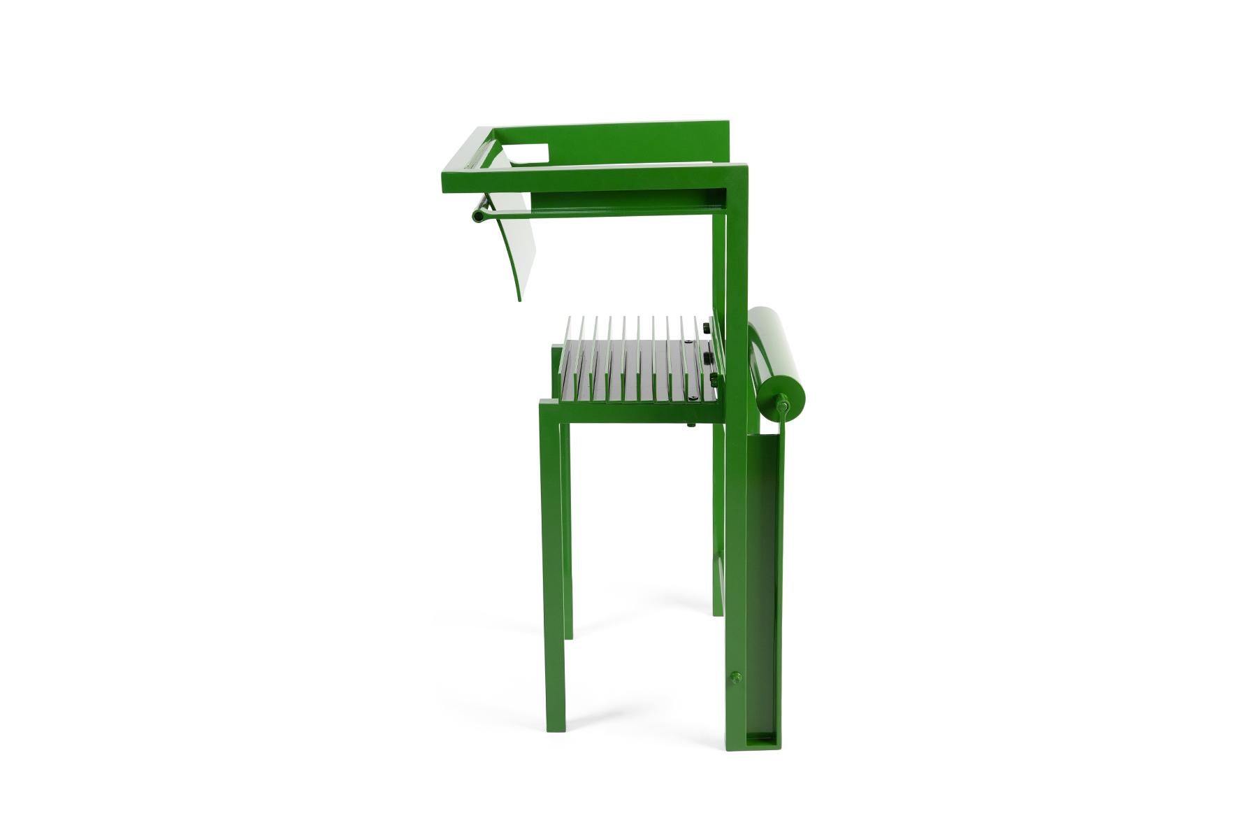 Robert Whitton one off aluminum chair circa late 1980s. This example has been newly powder coated in green and features a bar on the front of the chair that spins to ease getting in and out.