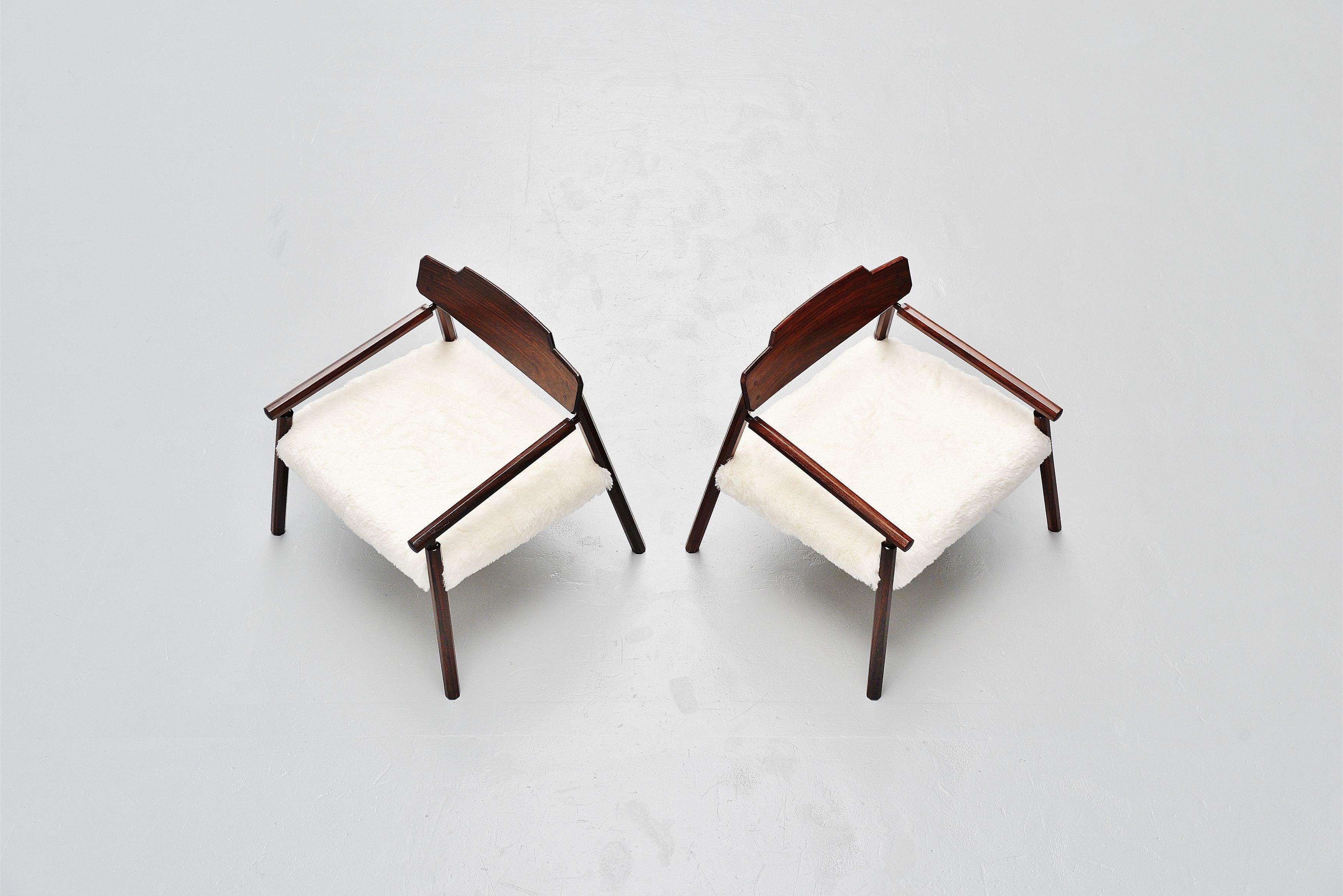 Italian Architectural Rosewood Lounge Chairs Alpaca Wool, Italy, 1950