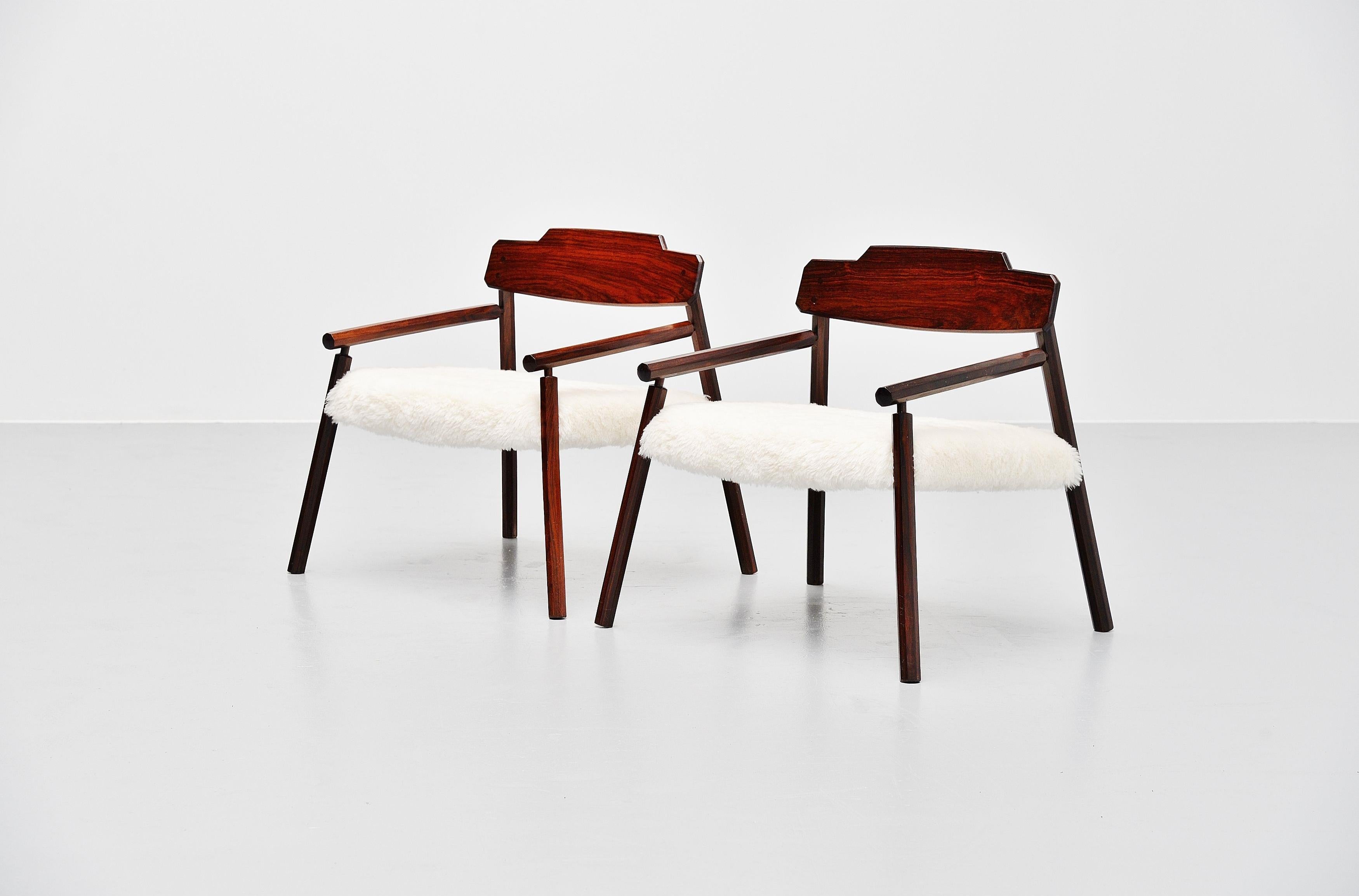 Mid-20th Century Architectural Rosewood Lounge Chairs Alpaca Wool, Italy, 1950