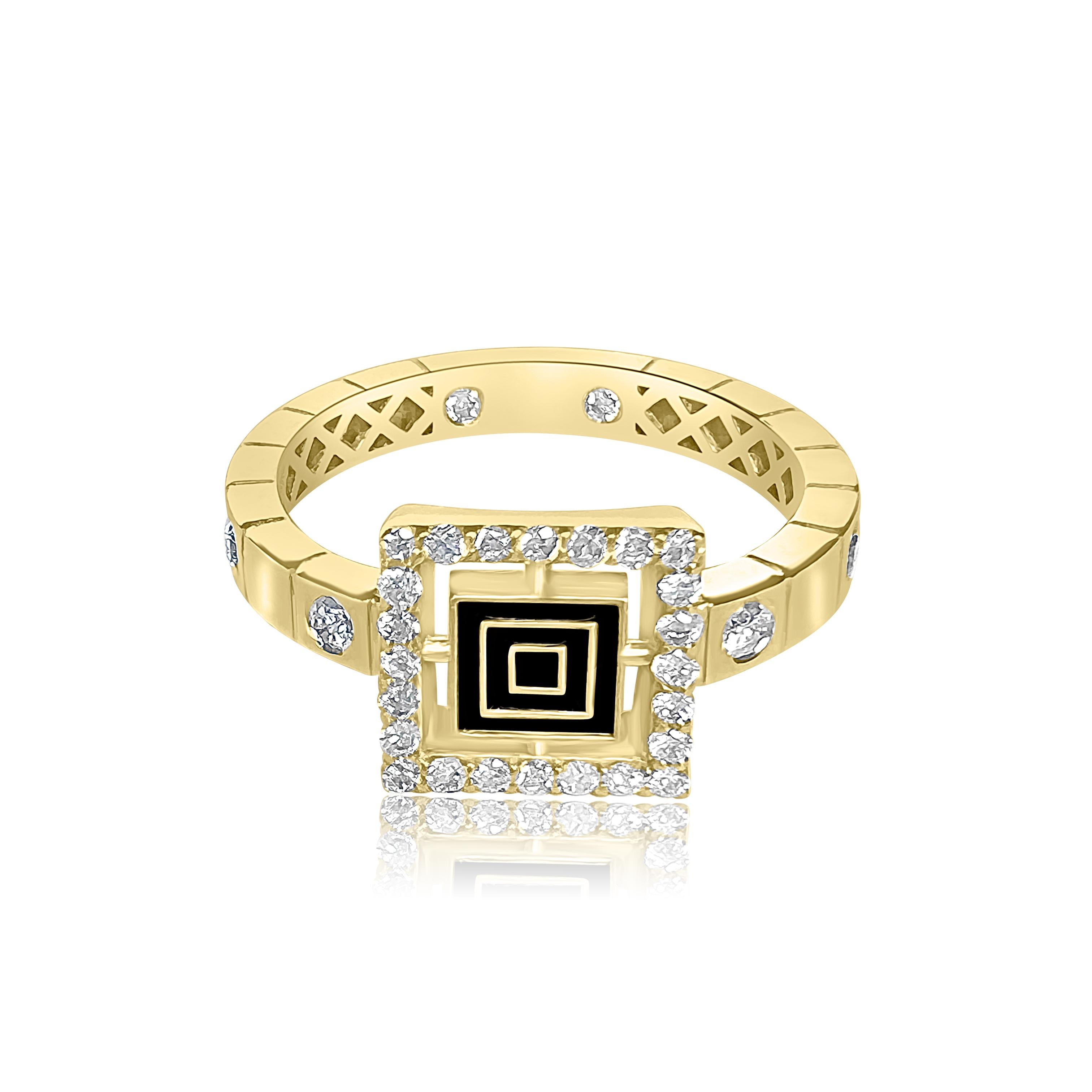 Brilliant Cut Architectural Shape Square Enamel Fashion Diamond Ring sz 7 For Sale