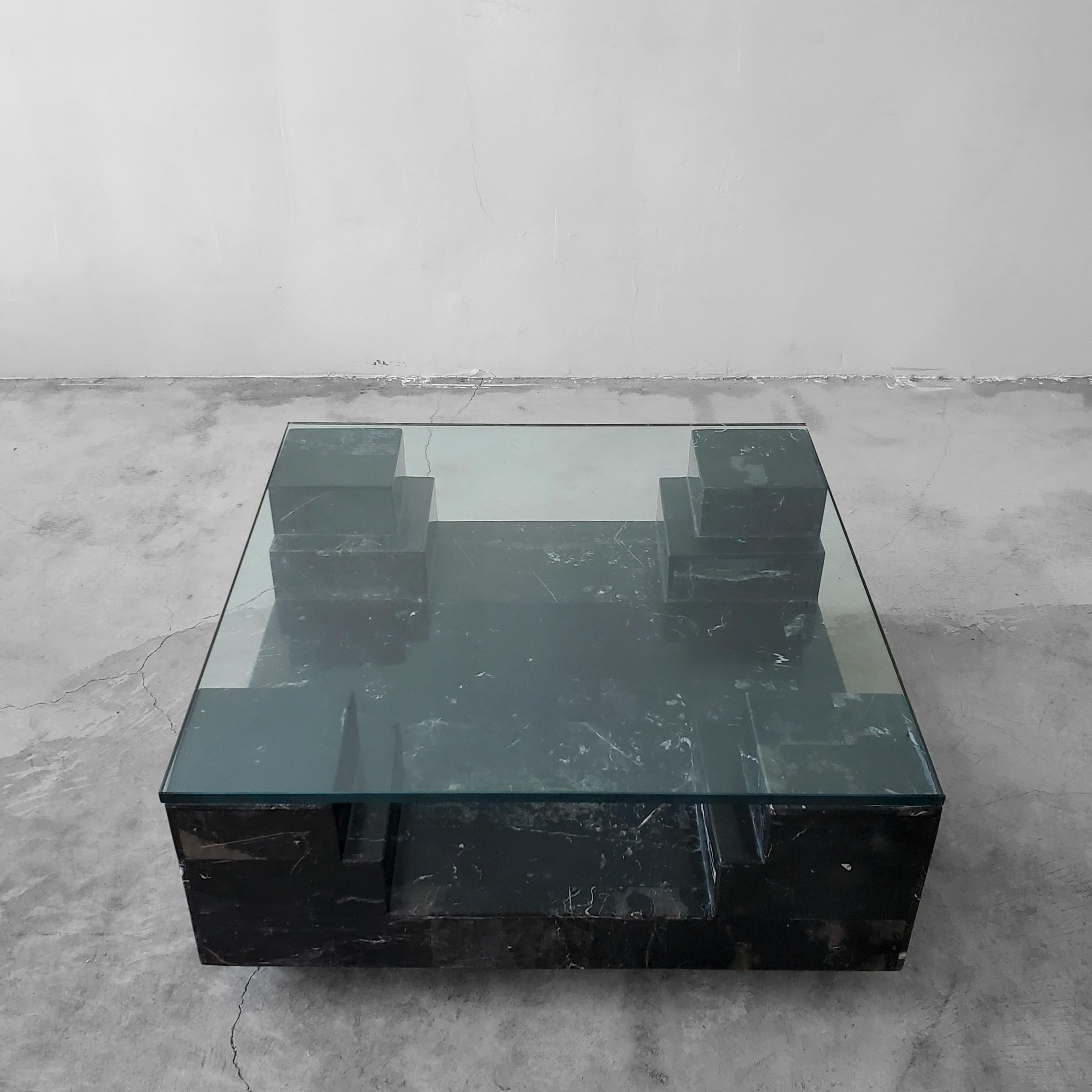 Mid-Century Modern Architectural Square Black Italian Marble and Glass Coffee Table