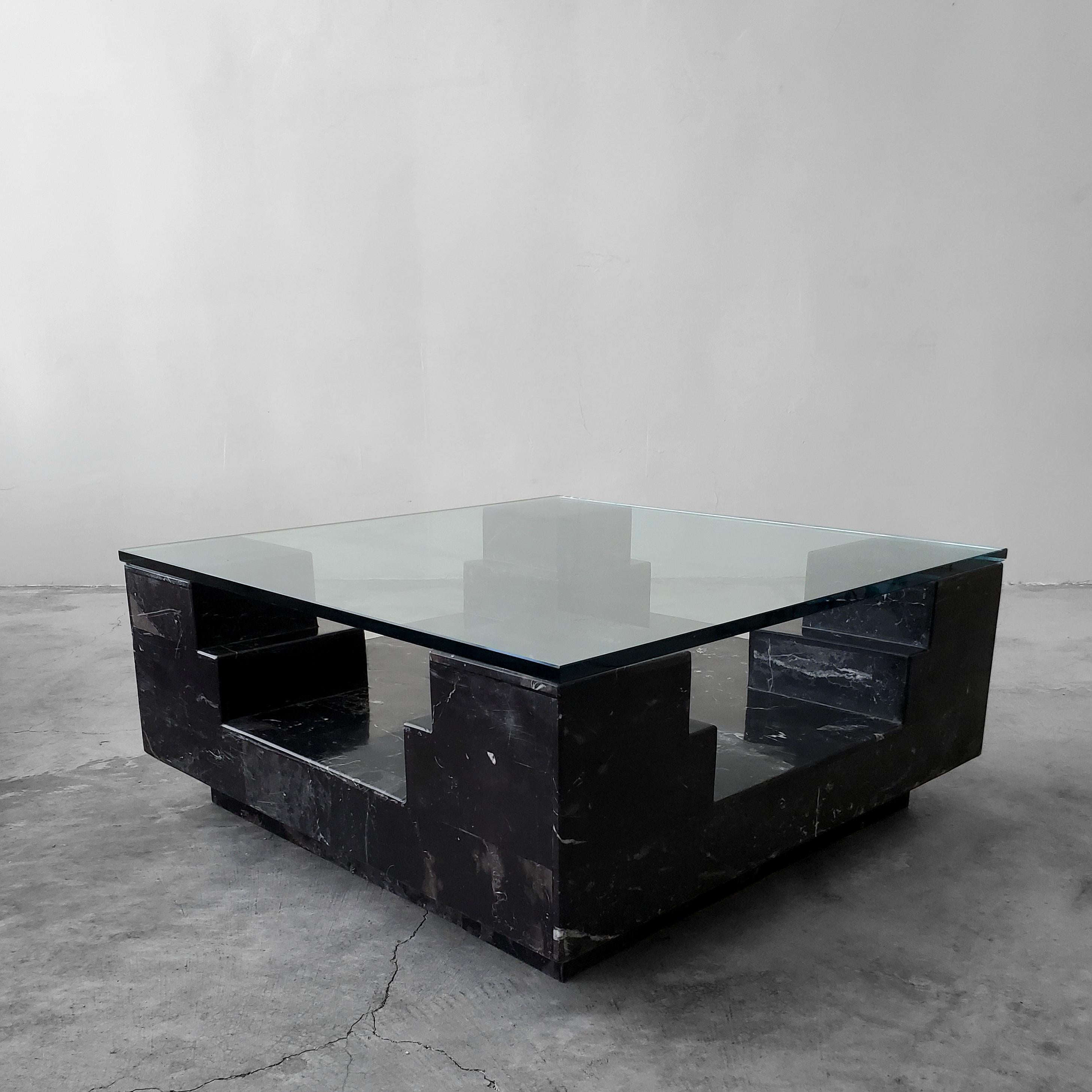 Architectural Square Black Italian Marble and Glass Coffee Table In Good Condition In Las Vegas, NV