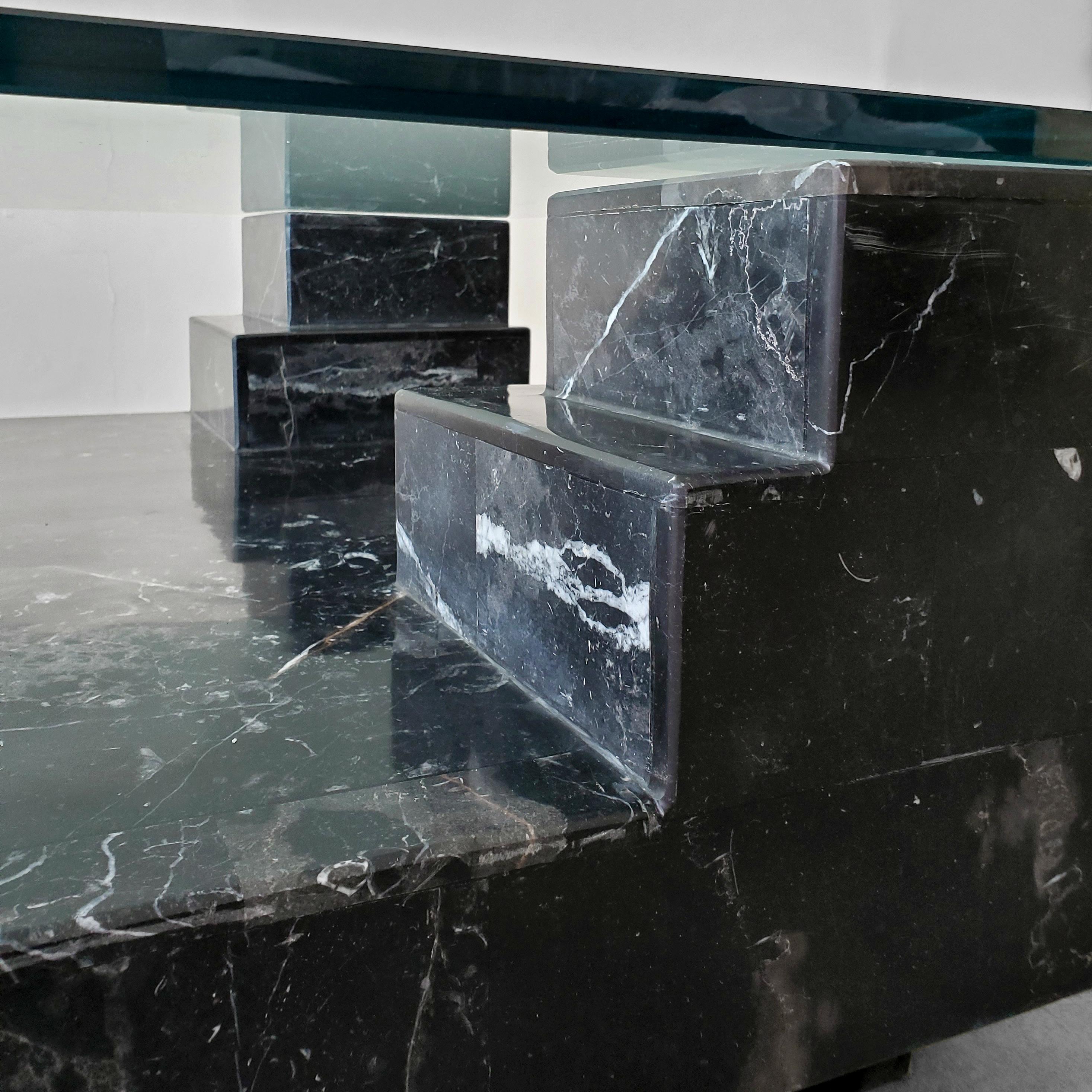 Architectural Square Black Italian Marble and Glass Coffee Table 4