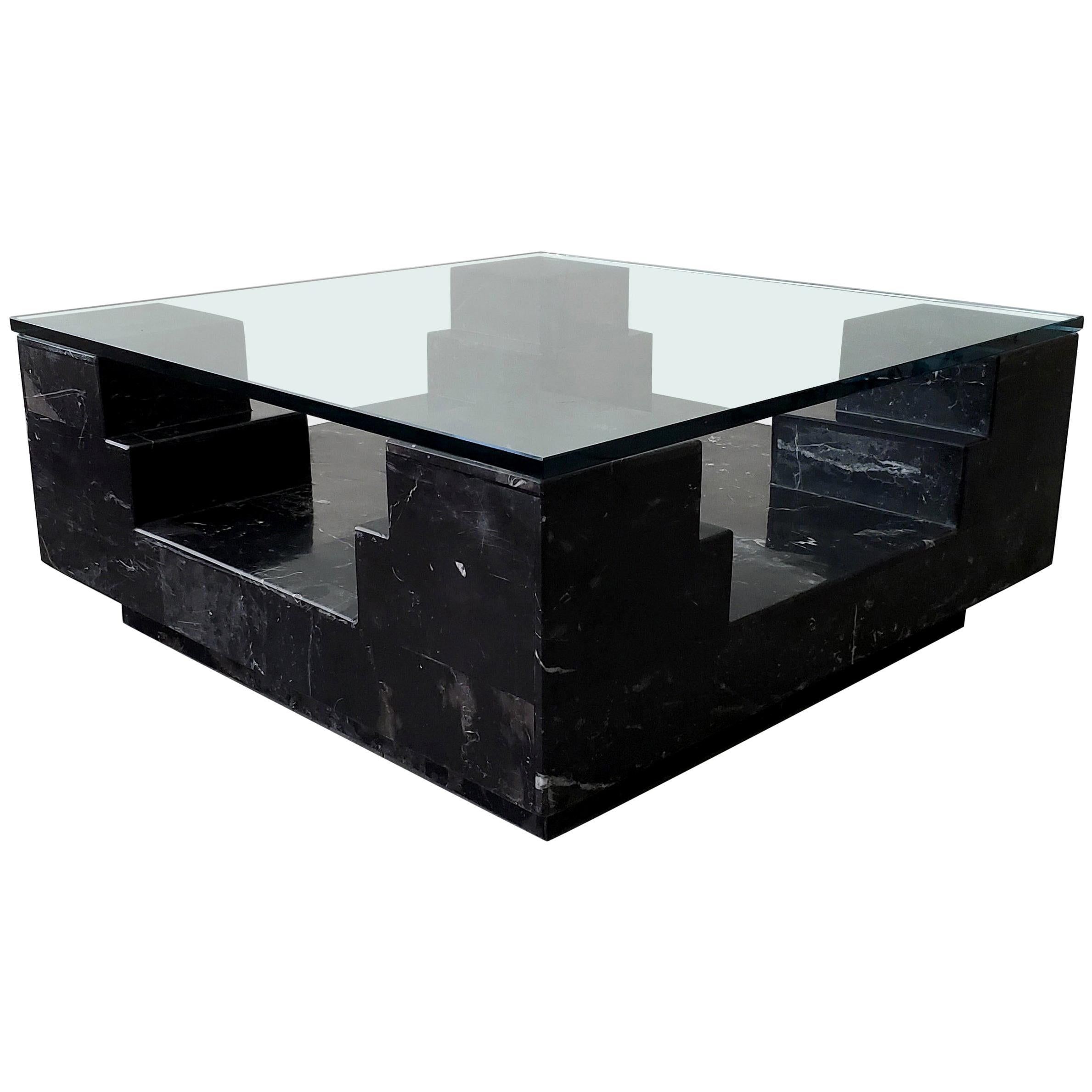 Architectural Square Black Italian Marble and Glass Coffee Table
