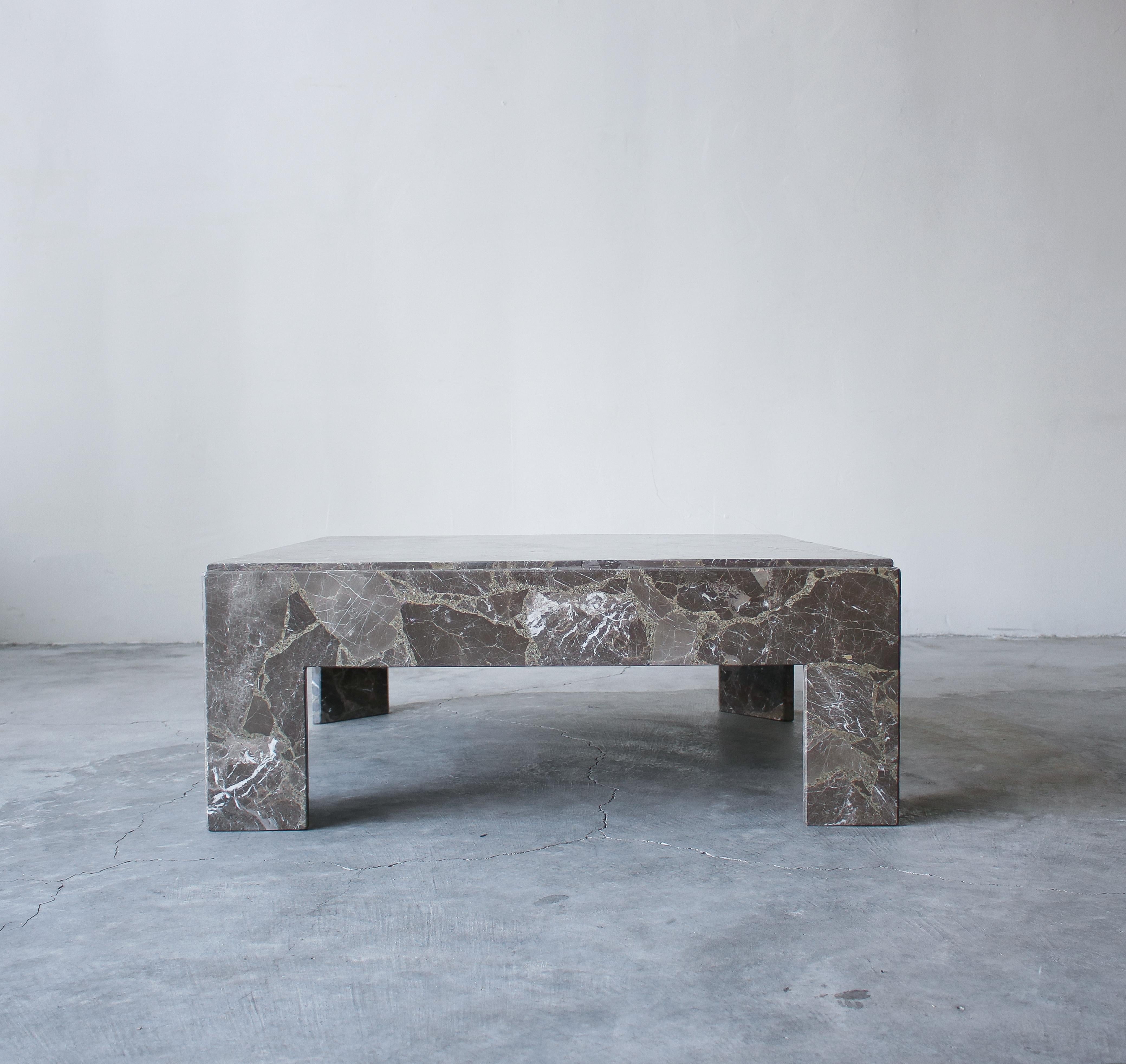 Mid-Century Modern Architectural Square Brown Italian Marble Coffee Table