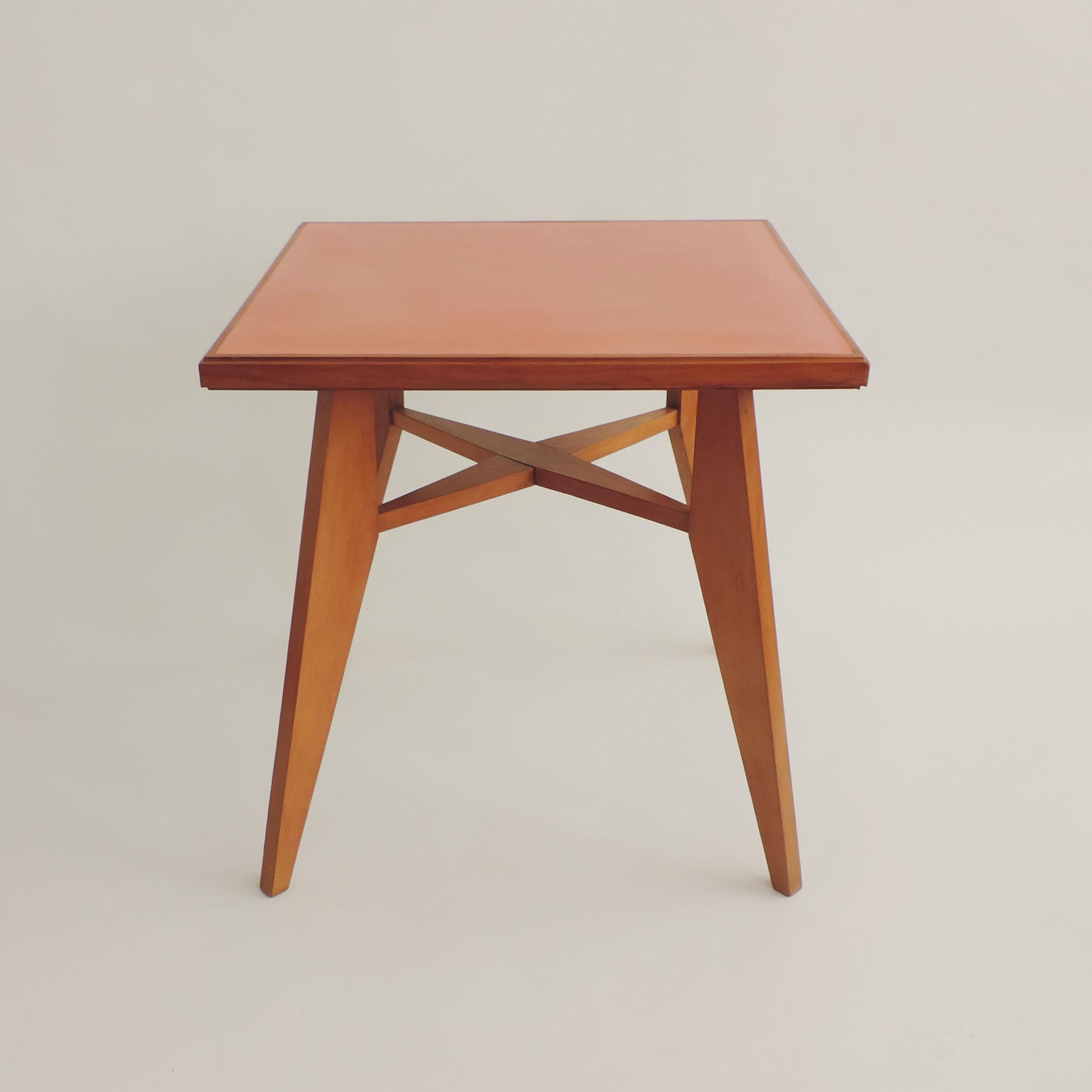 Mid-Century Modern Architectural Square Dining Table with Red Top, Italy, 1950s