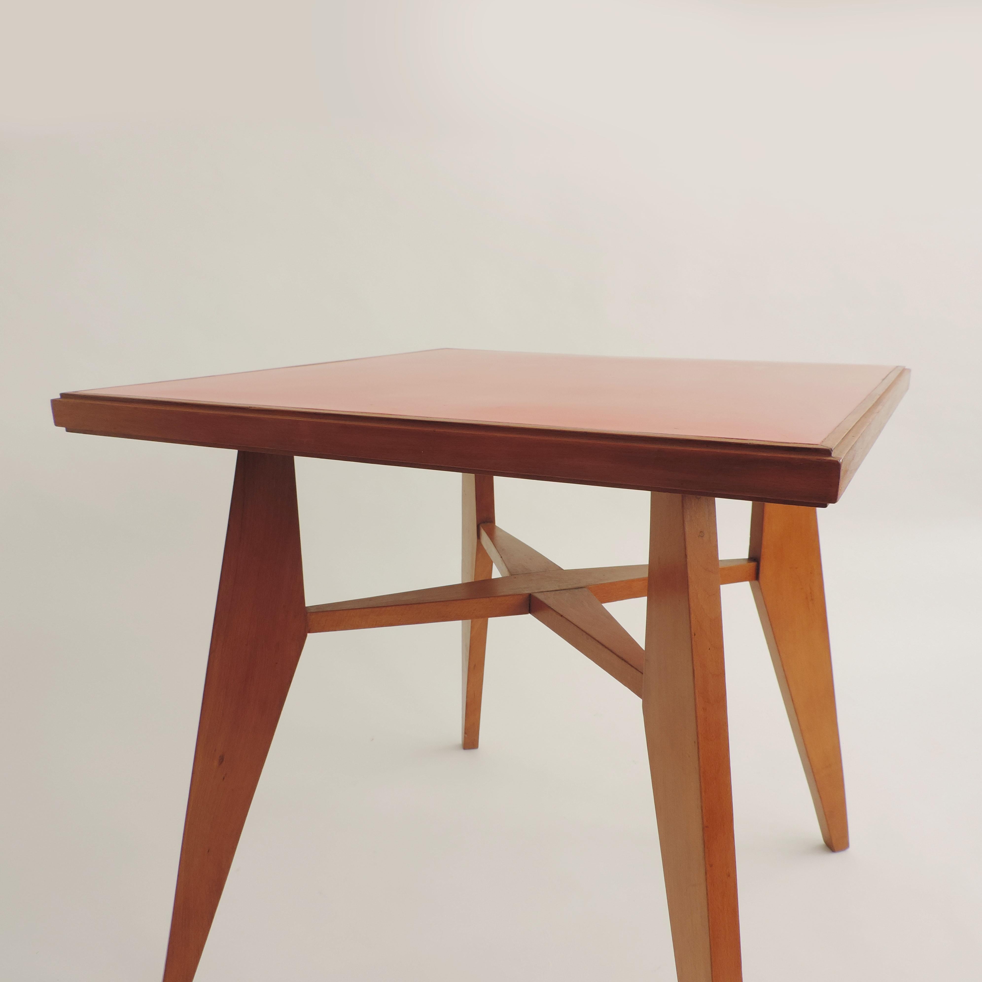 Italian Architectural Square Dining Table with Red Top, Italy, 1950s