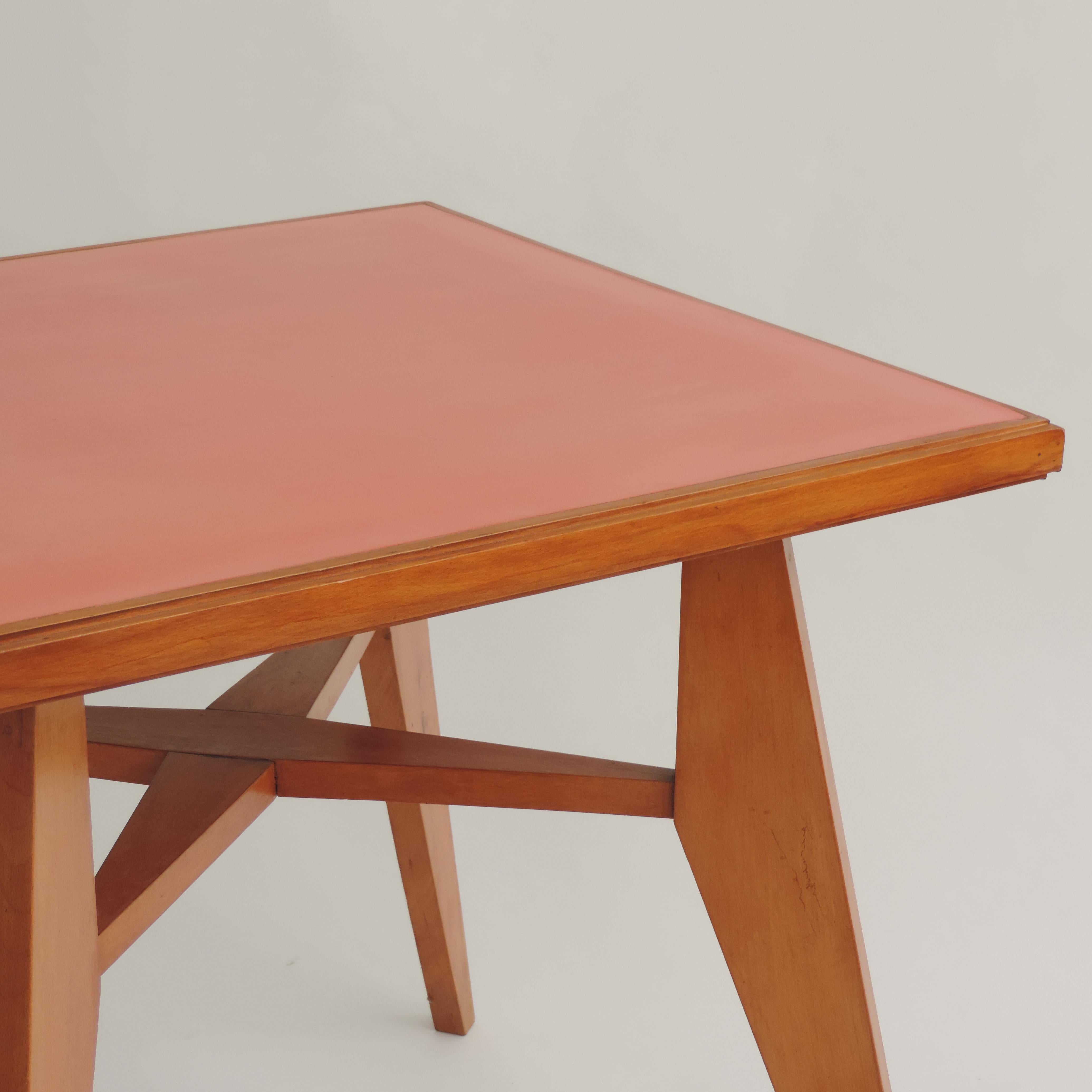Architectural Square Dining Table with Red Top, Italy, 1950s 2