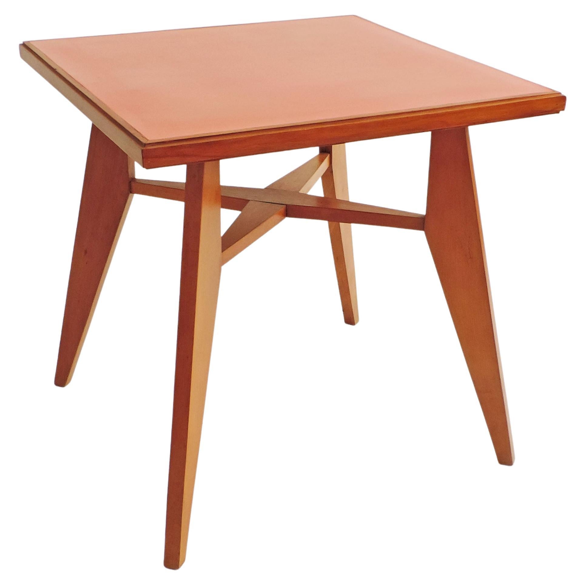 Architectural Square Dining Table with Red Top, Italy, 1950s