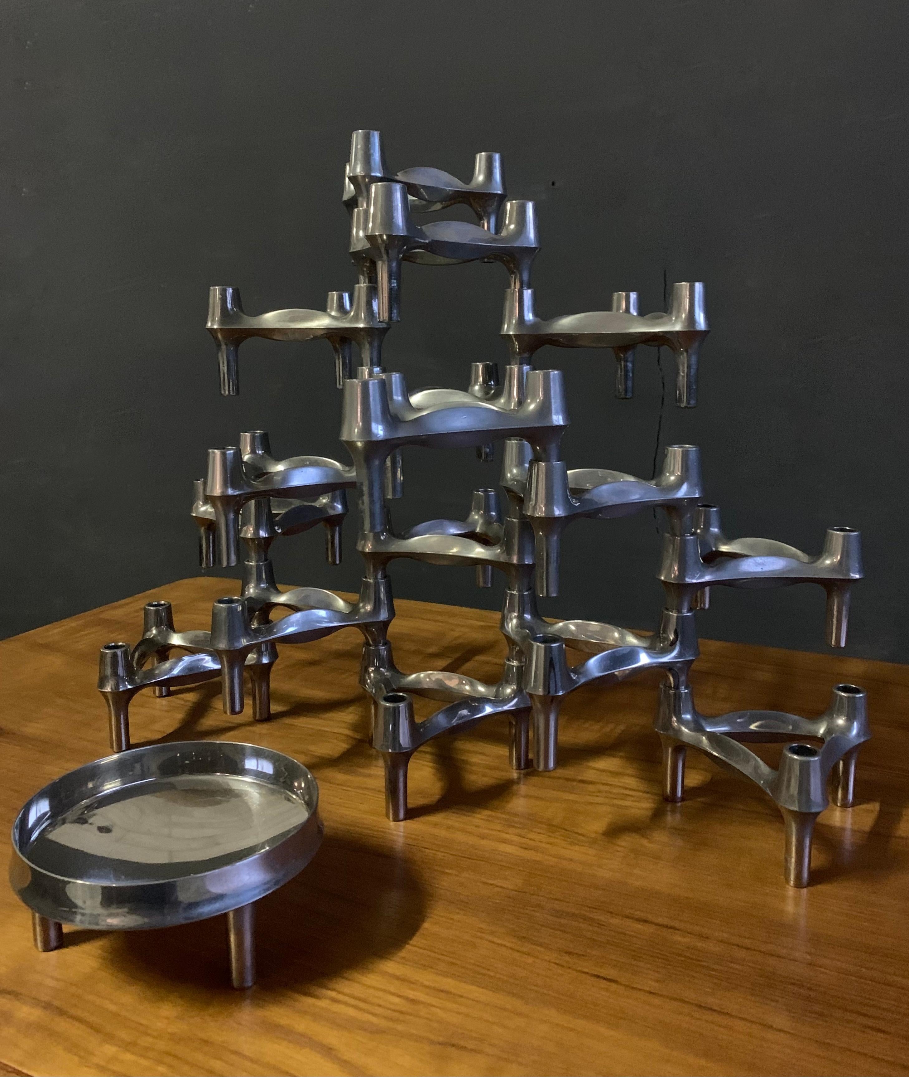 Architectural stackable candleholder elements sculpture by BMF Nagel, designed in the 1960s by Ceasar Stoffi and Fritz Nagel.
Manufacturered by BMF (Bayerischen Metallwaren Fabrik), Germany in 1970.

The sculpture contains of 17 stackable 'BMF