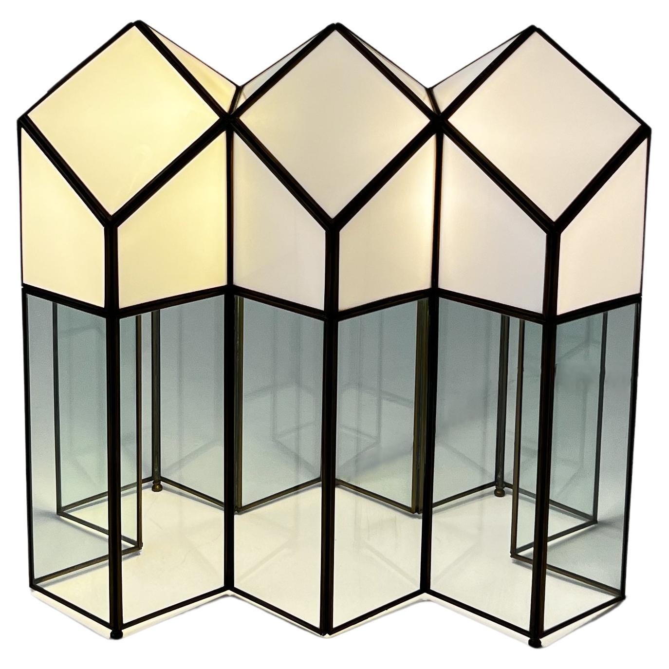 Architectural Stained Glass and Brass Table Lamp
