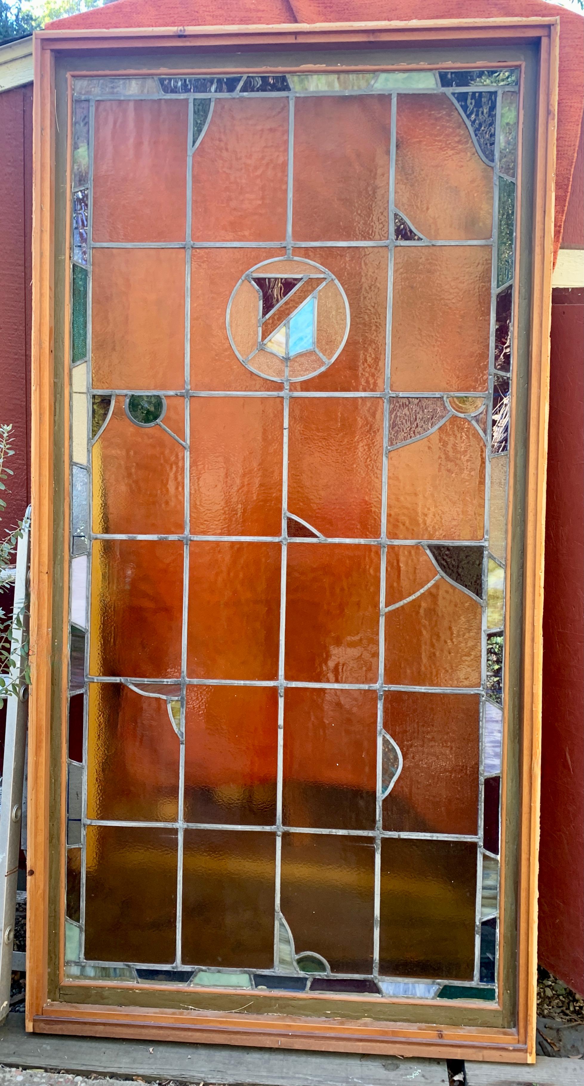 Arts and Crafts Architectural Stained Glass Window in Frame