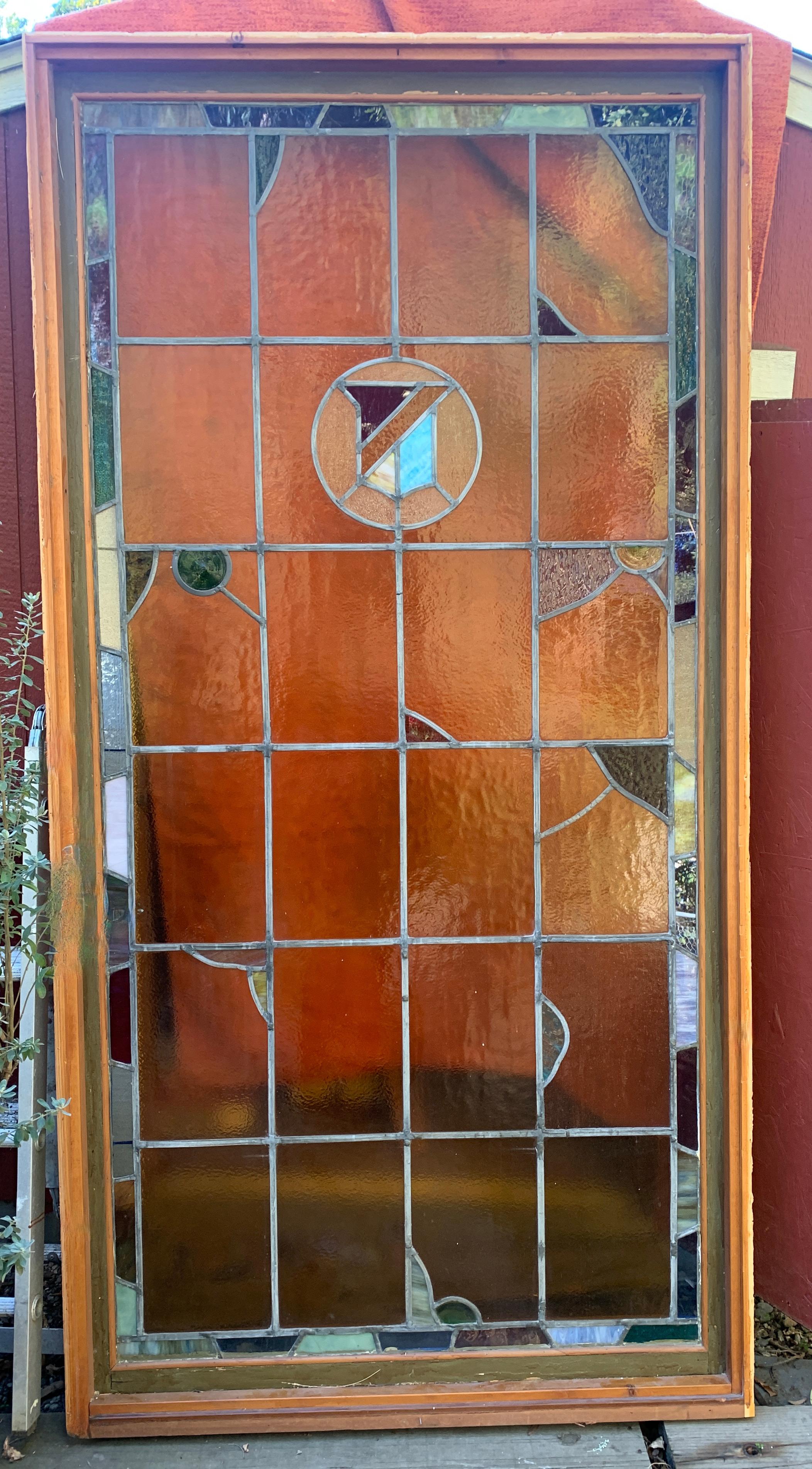 Hand-Crafted Architectural Stained Glass Window in Frame