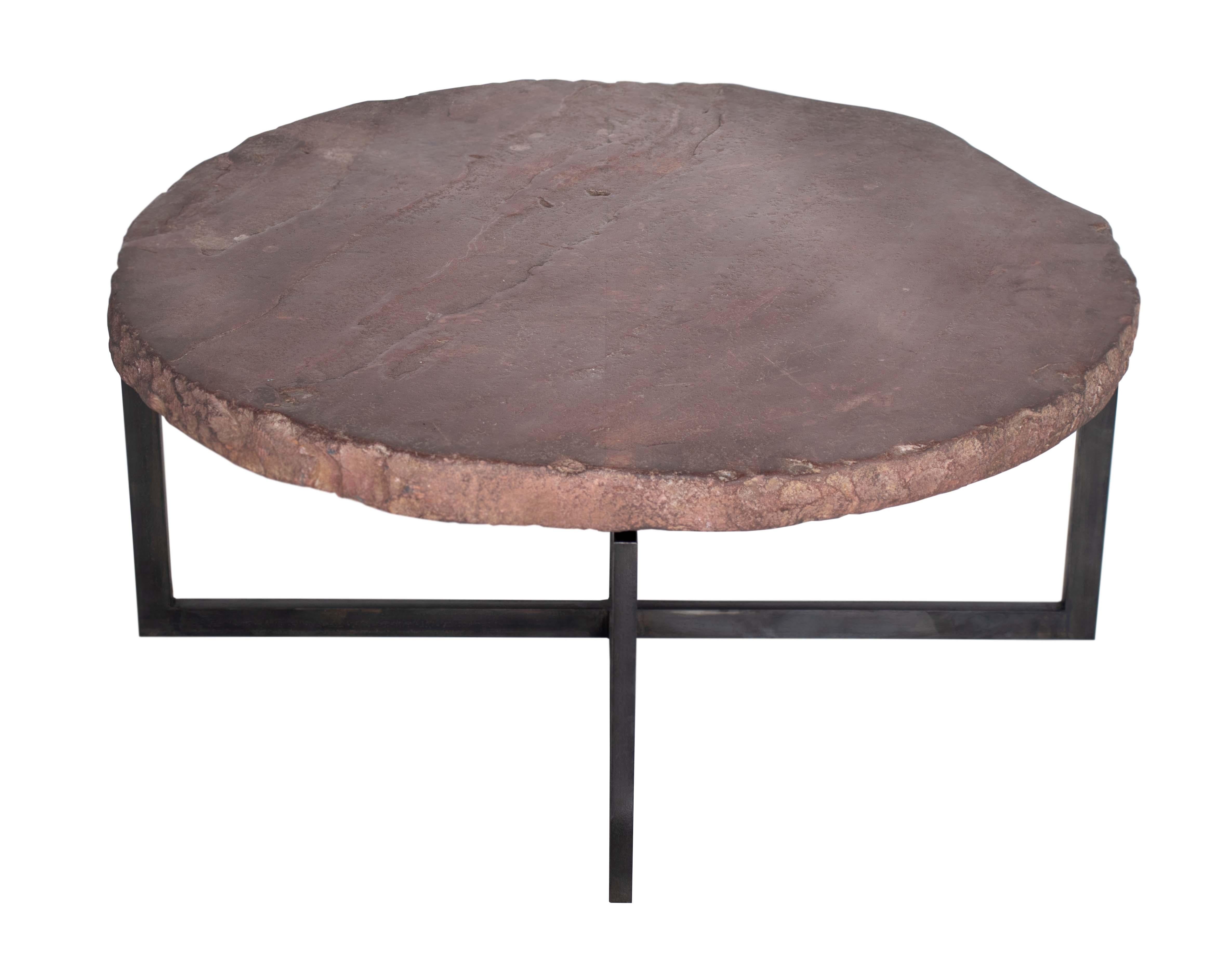 Architectural stone element on steel base coffee table. 

This piece is a part of Brendan Bass’s one-of-a-kind collection, Le Monde. French for “The World”, the Le Monde collection is made up of rare and hard to find pieces curated by Brendan from