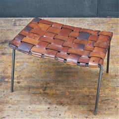 Walker Weed & Gordon Keeler Iron Woven Leather Ottoman Stool Bench 1950s MCM