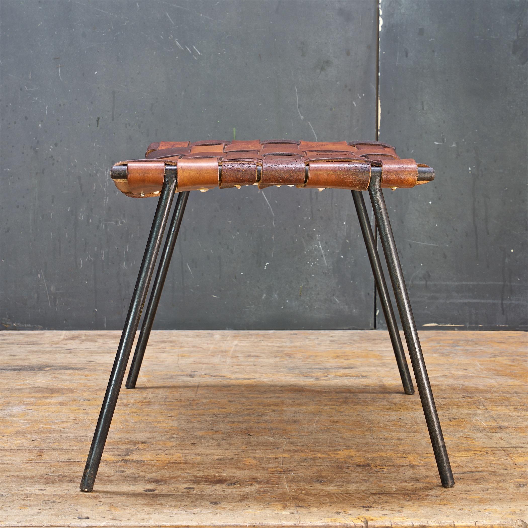 Welded Walker Weed & Gordon Keeler Iron Woven Leather Ottoman Stool Bench 1950s MCM For Sale