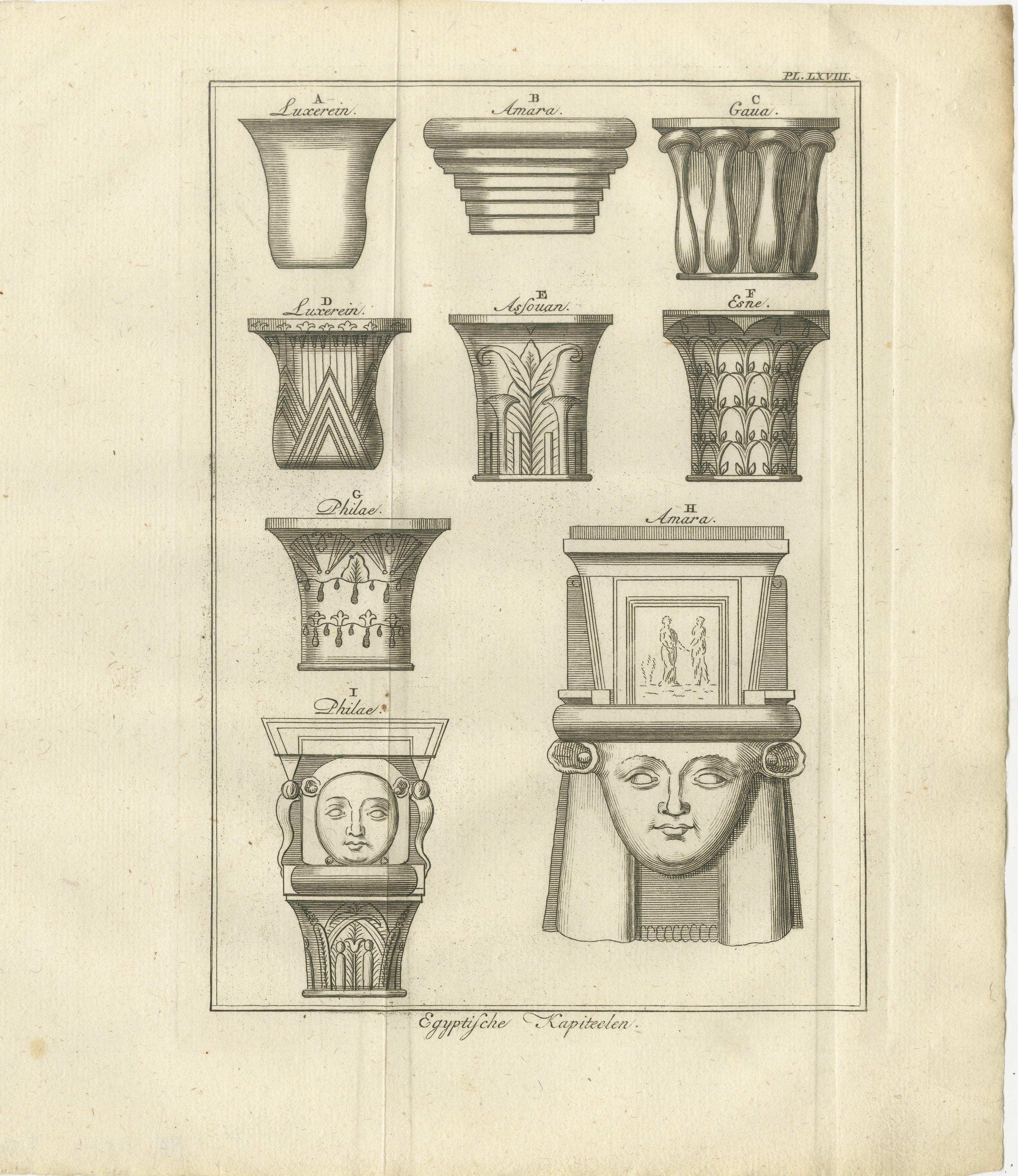 Titre : Étude architecturale des chapiteaux et des frises égyptiens, c.1750 Ensemble de gravures

Description :
Cette paire de gravures du XVIIIe siècle, finement détaillée, présente une étude visuelle comparative des chapiteaux et des frises de