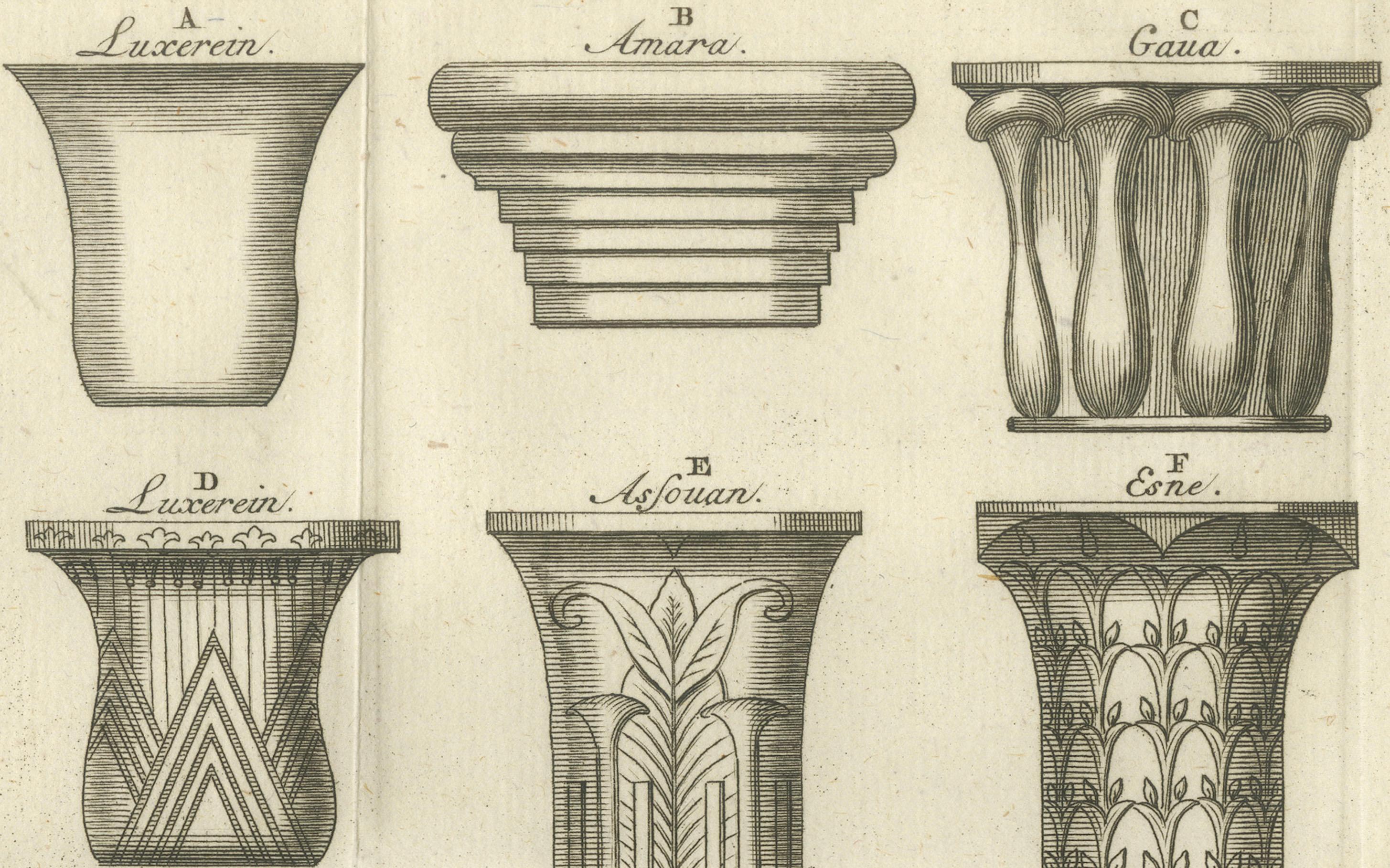 Gravé Étude architecturale des chapiteaux et frises égyptiens, c.1776 Ensemble de gravures en vente