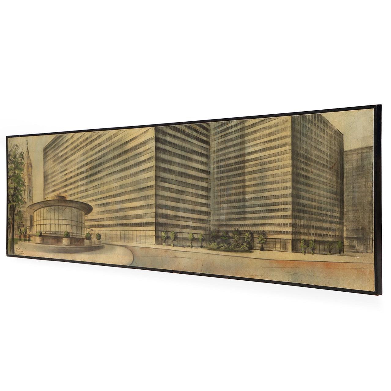 Eine sehr große, in Öl auf Leinwand gezeichnete Darstellung eines zukünftigen Gebäudes der Crest Corp. aus dem Jahr 1966 am John F. Kennedy Blvd. in Philadelphia, Pennsylvania, signiert 