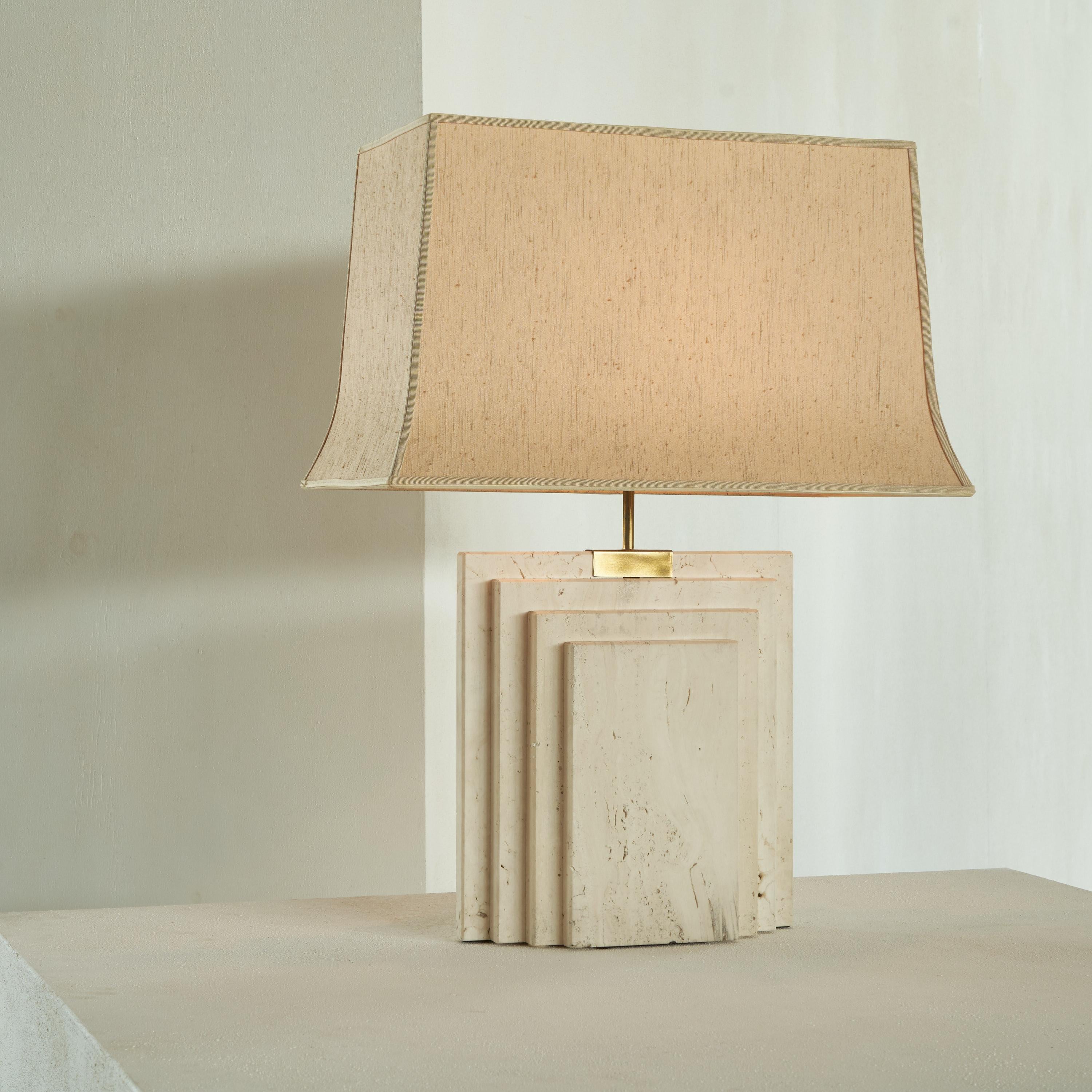 Belgian Architectural Table Lamp in Travertine and Brass, Belgium, 1970s For Sale