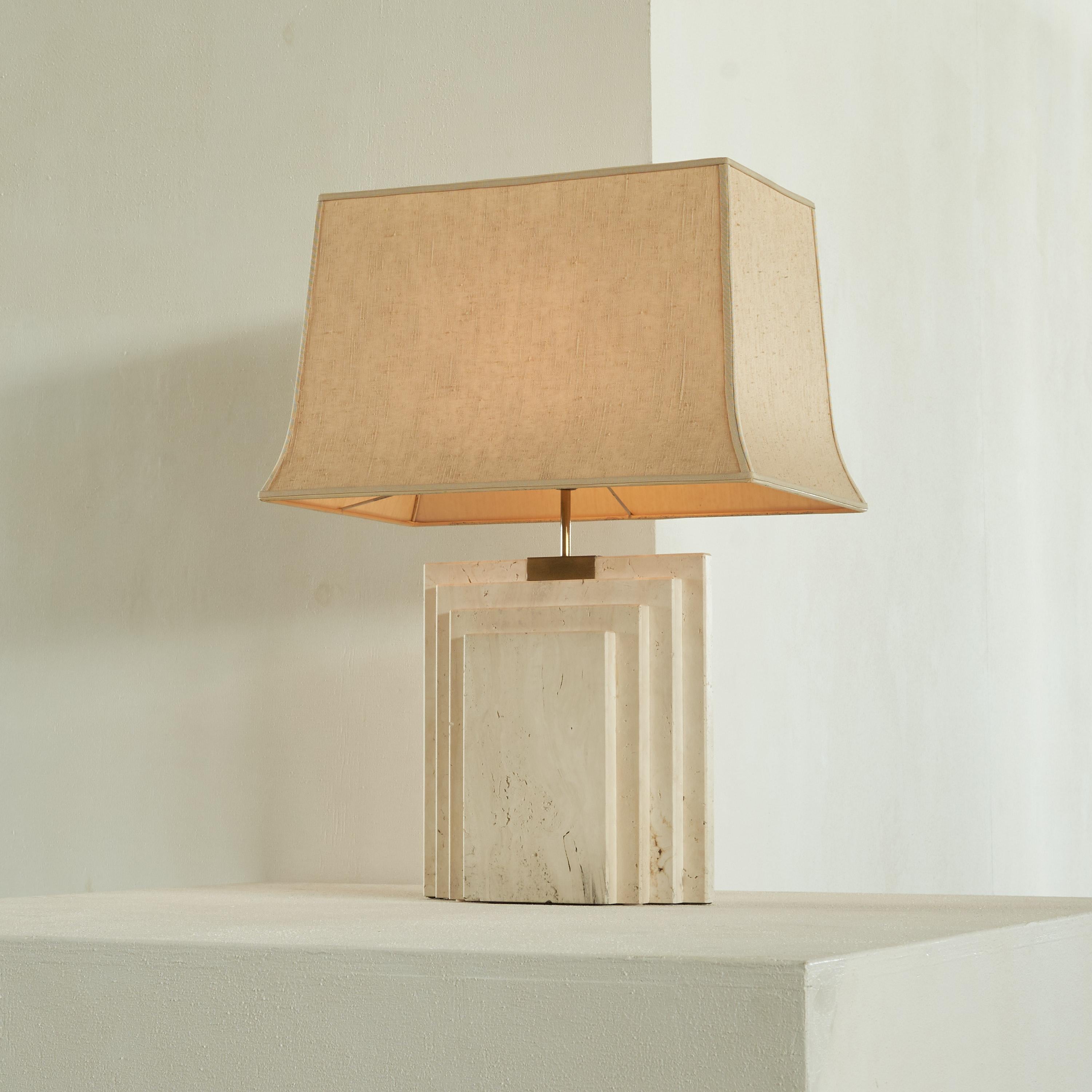 Hand-Crafted Architectural Table Lamp in Travertine and Brass, Belgium, 1970s For Sale