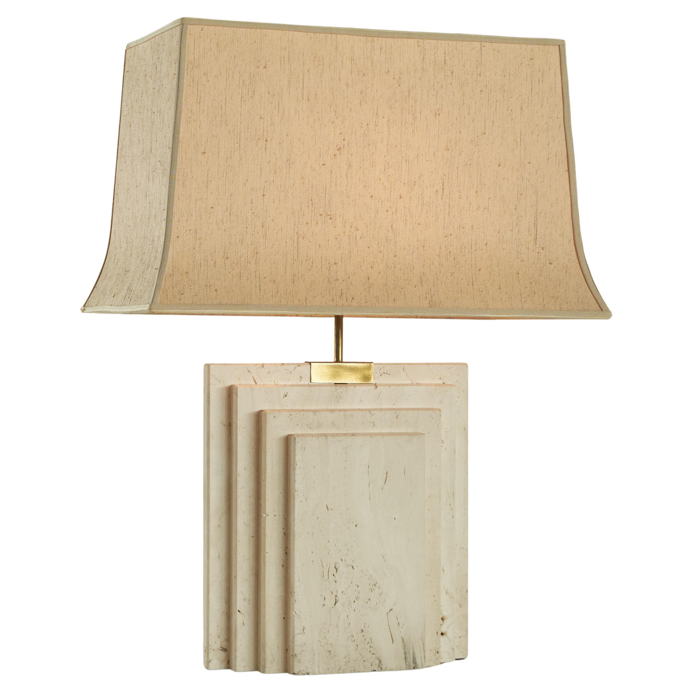 Architectural Table Lamp in Travertine and Brass, Belgium, 1970s