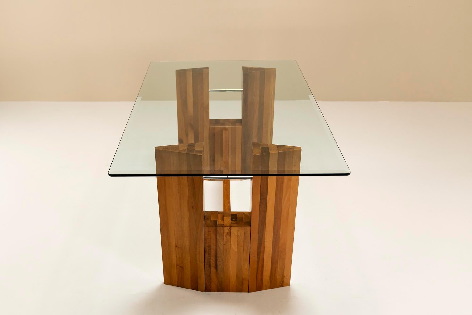 Architectural Table or Desk in Walnut and Glass, Italy 1970s For Sale 4