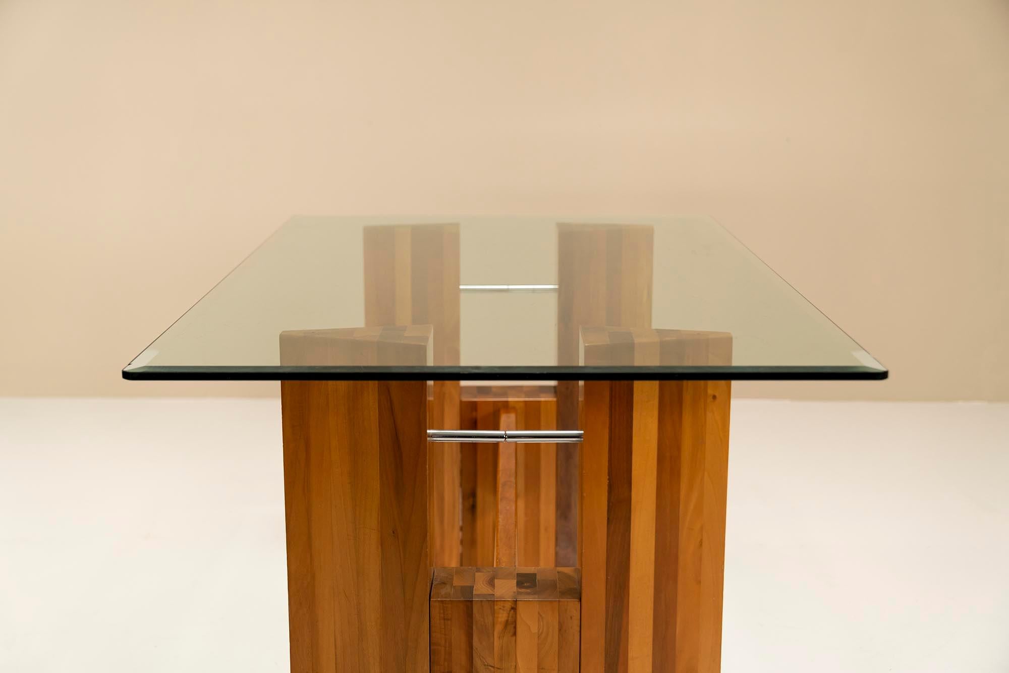 Architectural Table or Desk in Walnut and Glass, Italy 1970s For Sale 5