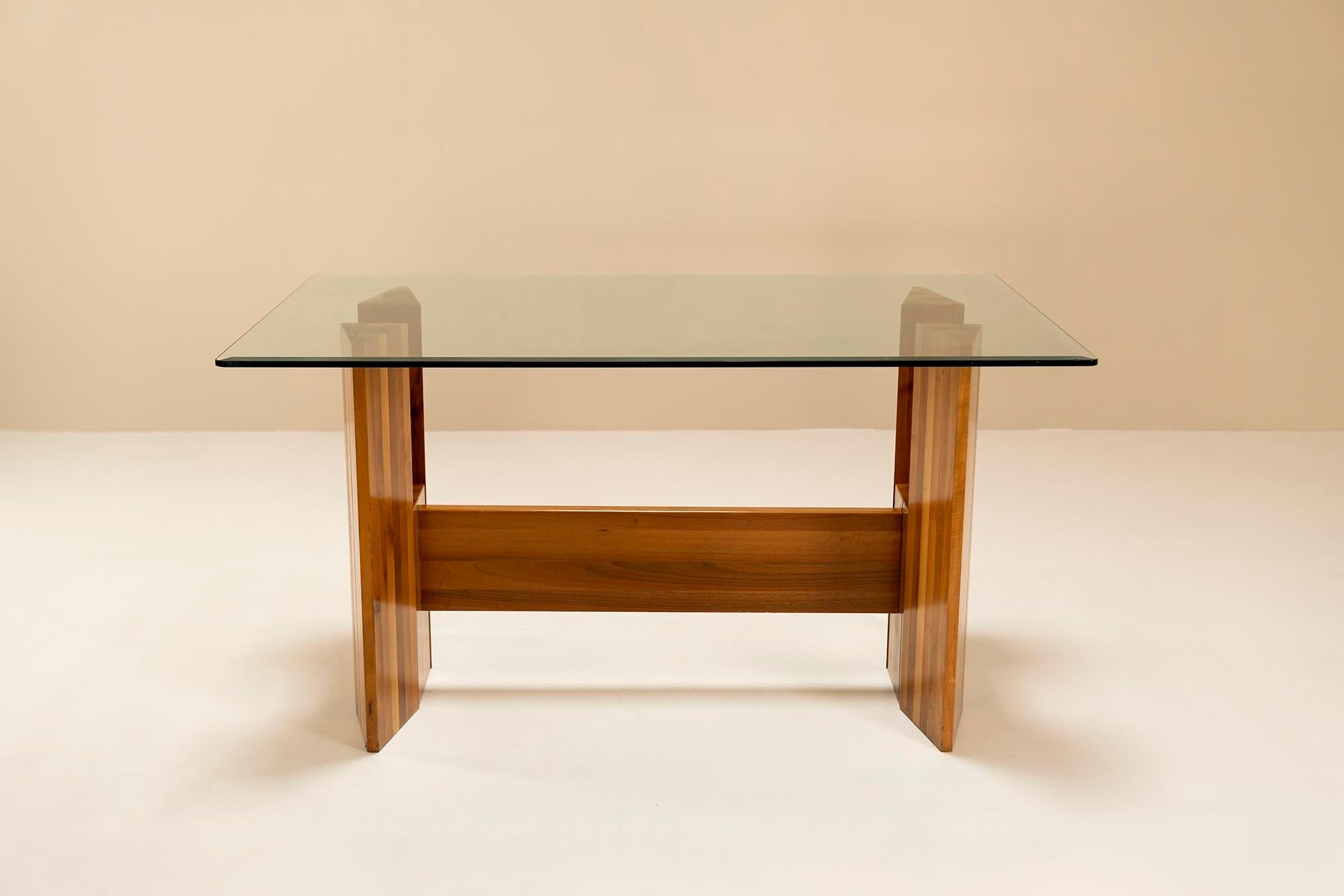 Mid-Century Modern Architectural Table or Desk in Walnut and Glass, Italy 1970s For Sale